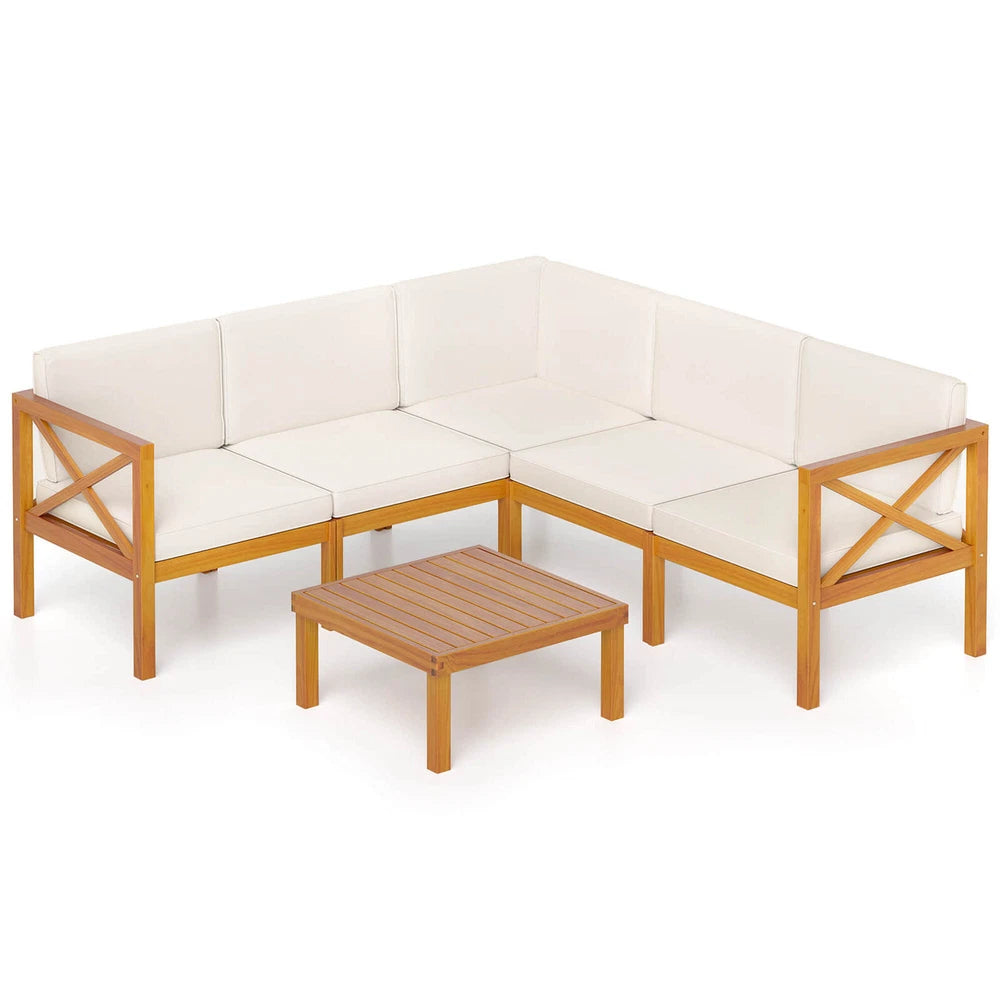 Tangkula Set of 6 Acacia Wood Patio Furniture Set Outdoor Sectional Conversation Set w/ Cushions & Coffee Table Off White