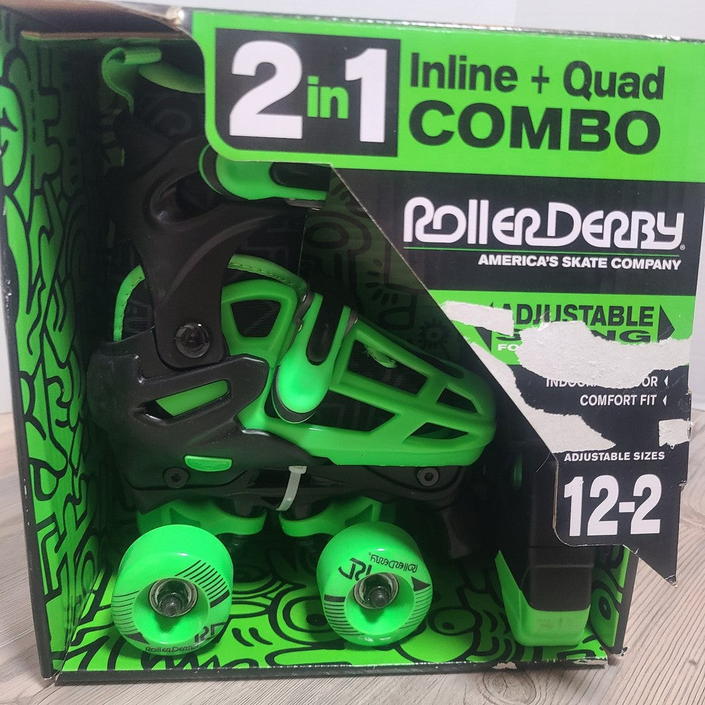 Roller Derby 2 in 1 Kids' Inline-Quad Combo Skates - Black/Green (12-2) NIB