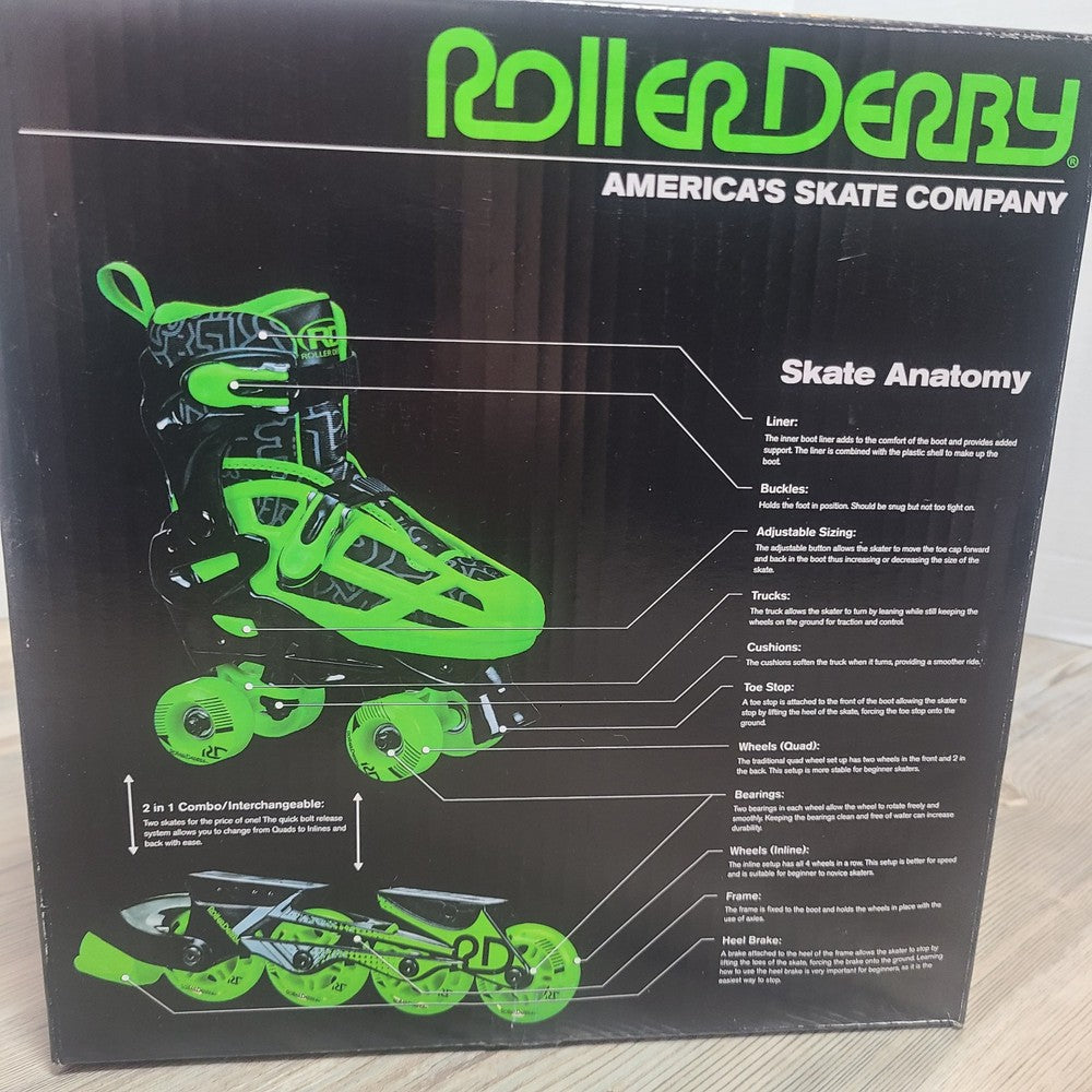 Roller Derby 2 in 1 Kids' Inline-Quad Combo Skates - Black/Green (12-2) NIB