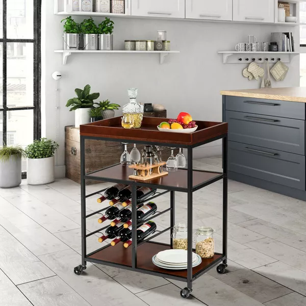 Costway 3 Tier Kitchen Trolley Utility Cart w/Wine Rack & Glass Holder