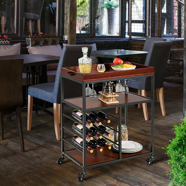 Costway 3 Tier Kitchen Trolley Utility Cart w/Wine Rack & Glass Holder