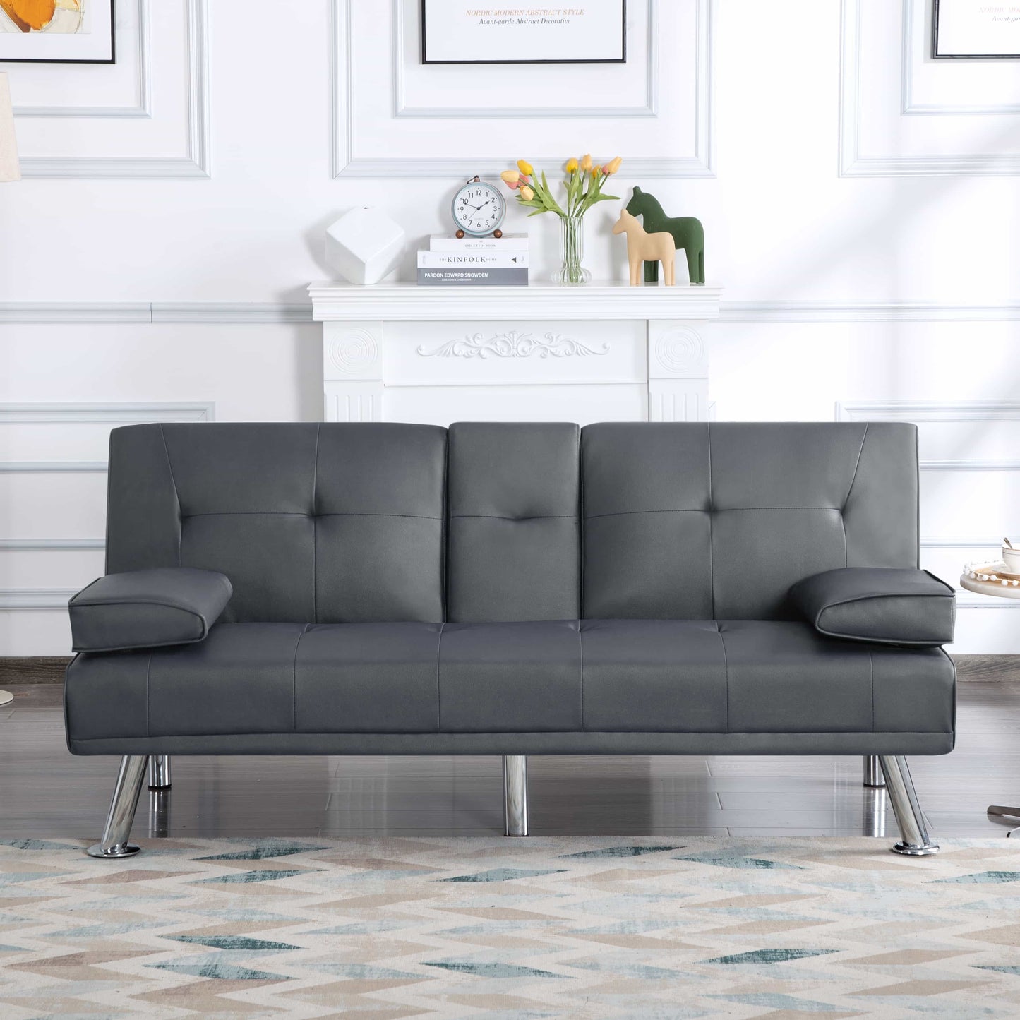 BSHTI 66.1” Convertible Futon Sleeper Sofa,3 Angles for Adjusting Backrest,PU Upholstery Twin Size Sofa Bed,with 2 Cup Holders(Dark Gray)