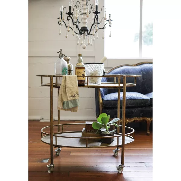 Oval 2-Tier Bar Cart on Casters Gold (34-1/2"Lx30"H) - Storied Home: Rolling Beverage & Tea Serving Trolley