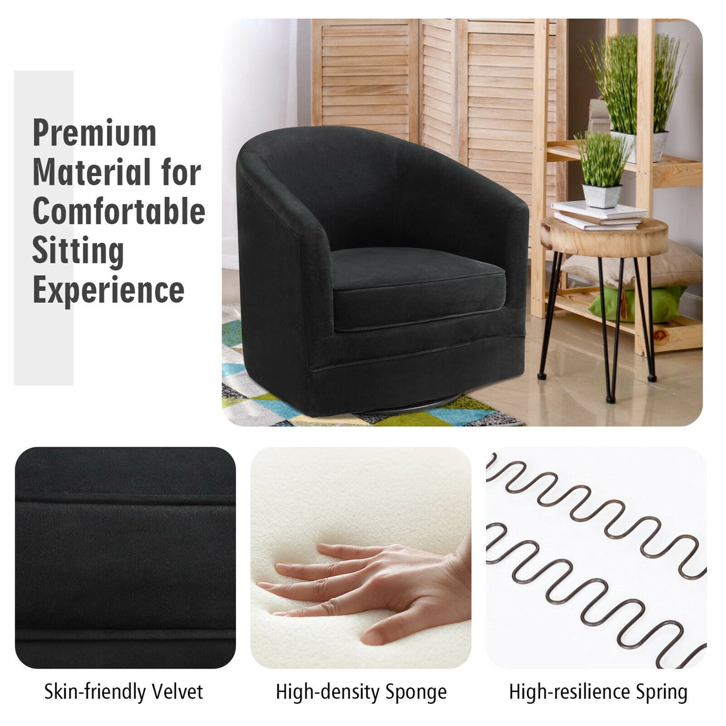 Gymax Velvet Swivel Barrel Accent Chairs with Metal Base, Black (Set of 2)