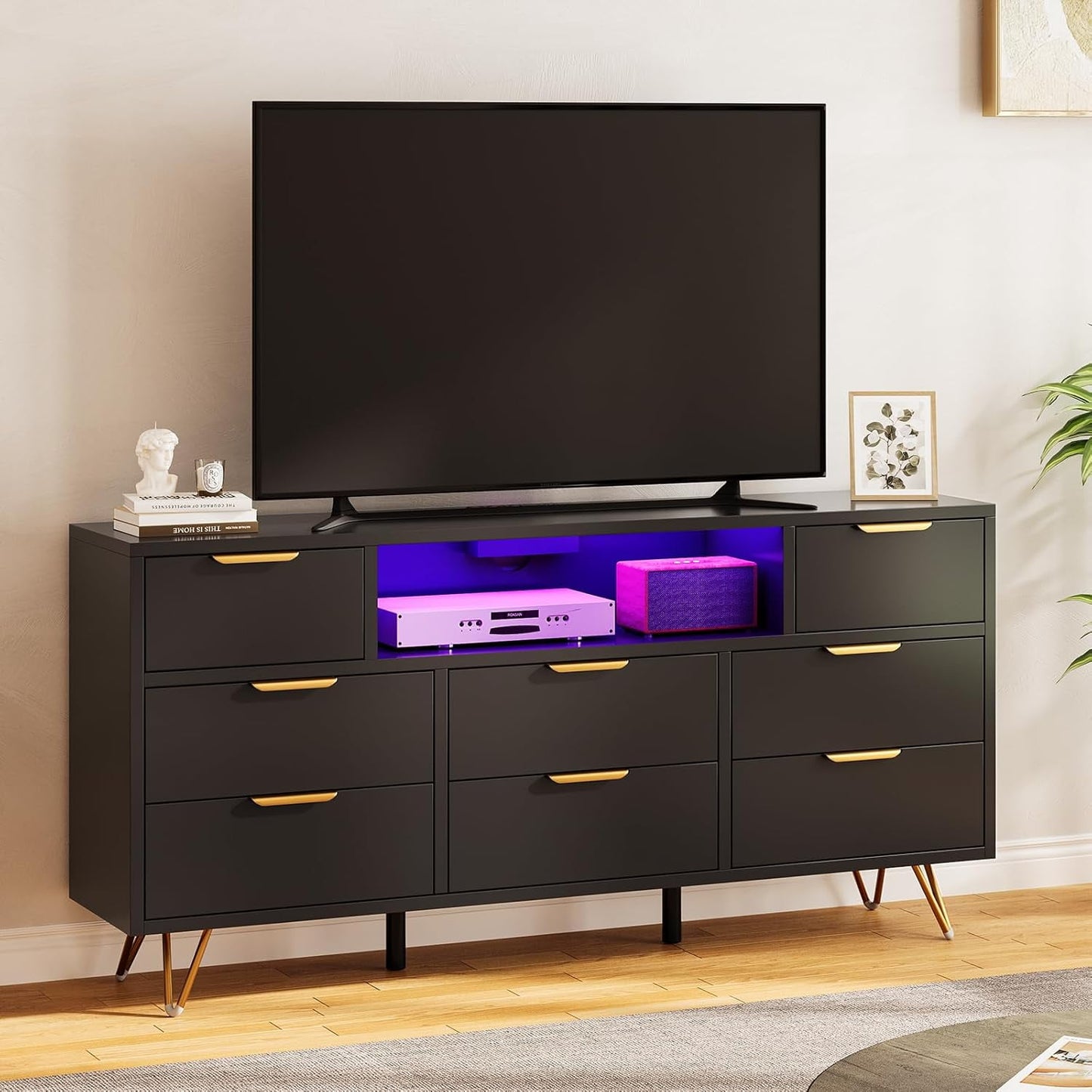 Hetoy 8-Drawer Black Dresser with LED Lighting & Integrated Charging Station – Modern Storage TV Stand for Bedroom, Living Room, Closet & Hallway Organization
