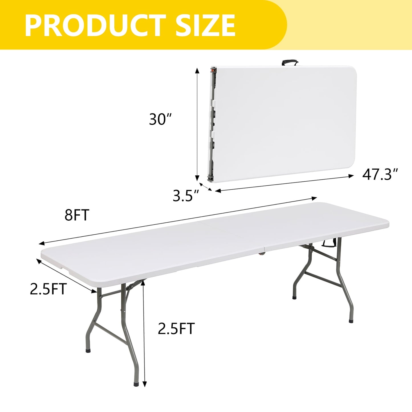 GIVIMO 8ft Folding Table,Fold-in-Half Plastic Table,Indoor Outdoor Picnic Party Dining Camp Tables,White
