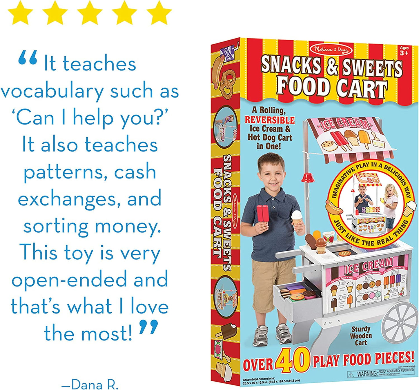Melissa & Doug Wooden Snacks and Sweets Food Cart - 40+ Play Food pcs, Reversible Awning , Multi Colored
