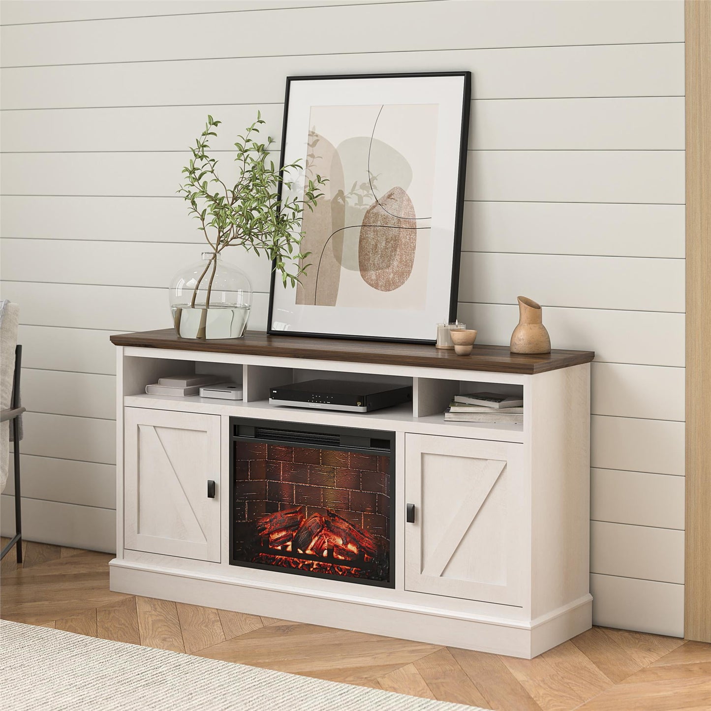 Ameriwood Home Ashton Lane Electric Fireplace TV Stand for TVs up to 65", Magnolia Oak/Columbia Walnut