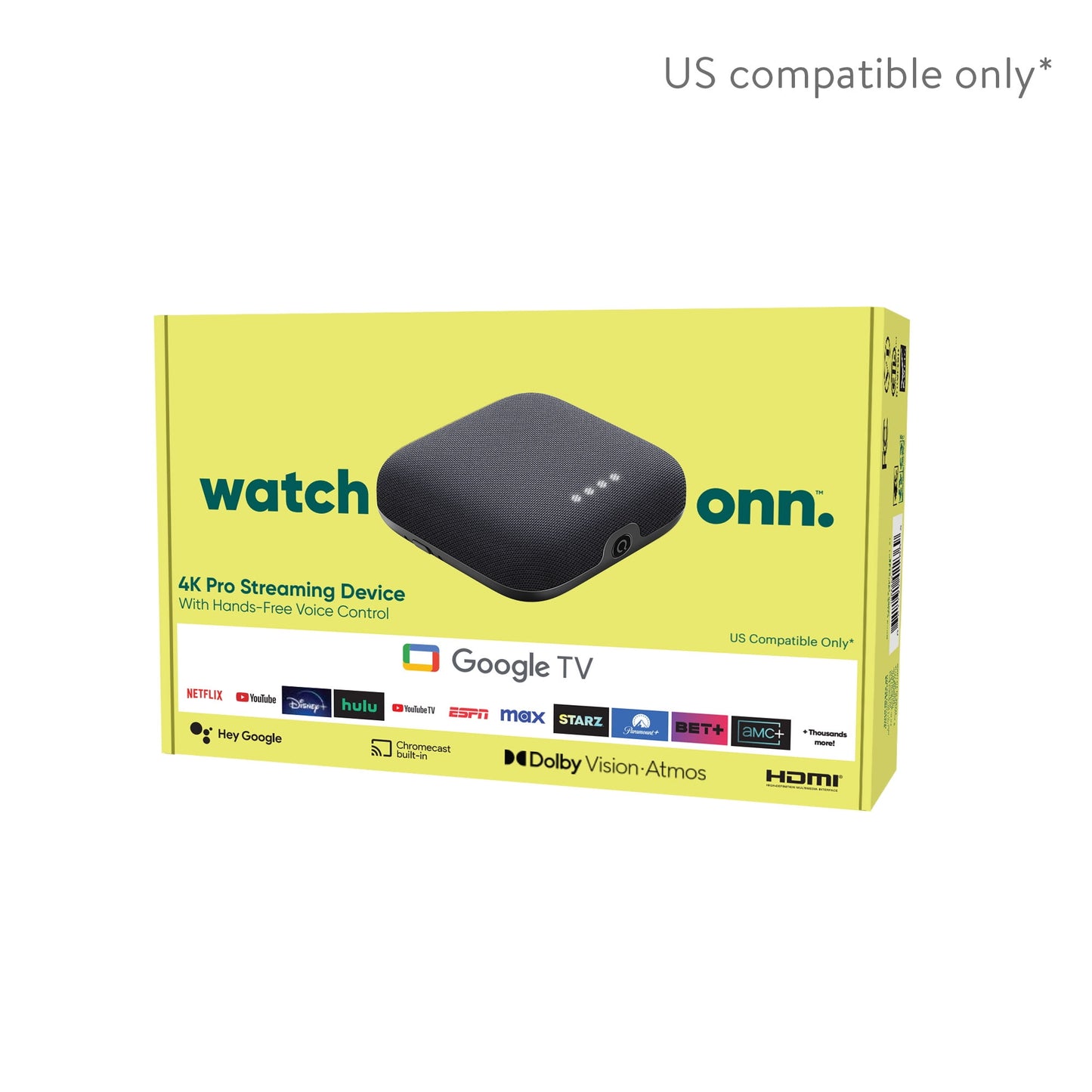 onn. Google TV 4K Pro Streaming Device (New, 2024), 4K UHD resolution, Dolby Vision & Dolby ATMOS, Hands-Free Voice Control, Smart Hub