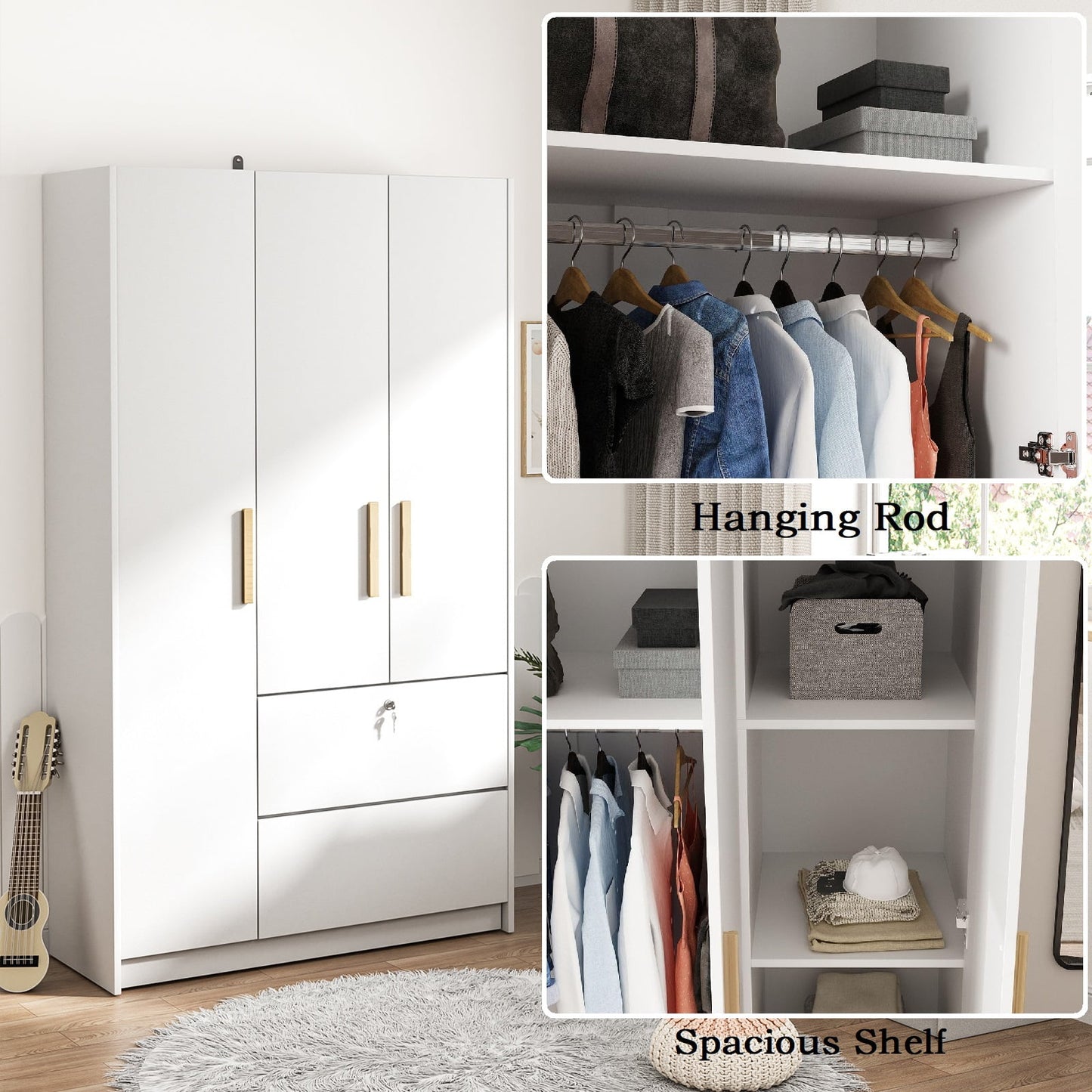 Nathaniel Home 3 Door Wardrobe with Drawers, Freestanding Bedroom Armoires, Clothes Storage Cabinet with Hanging Rod, Modern Wardrobe Closet, White