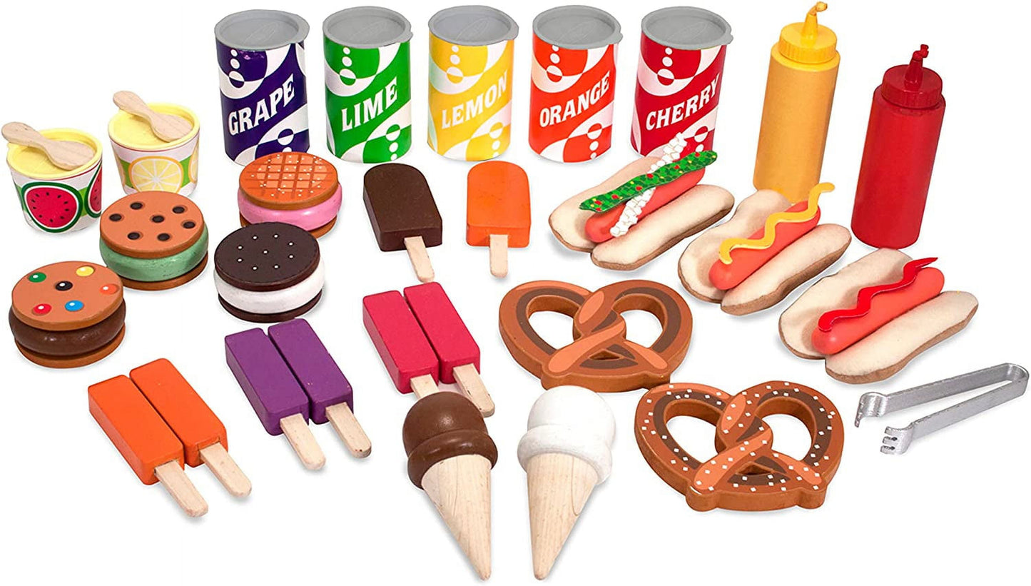 Melissa & Doug Wooden Snacks and Sweets Food Cart - 40+ Play Food pcs, Reversible Awning , Multi Colored