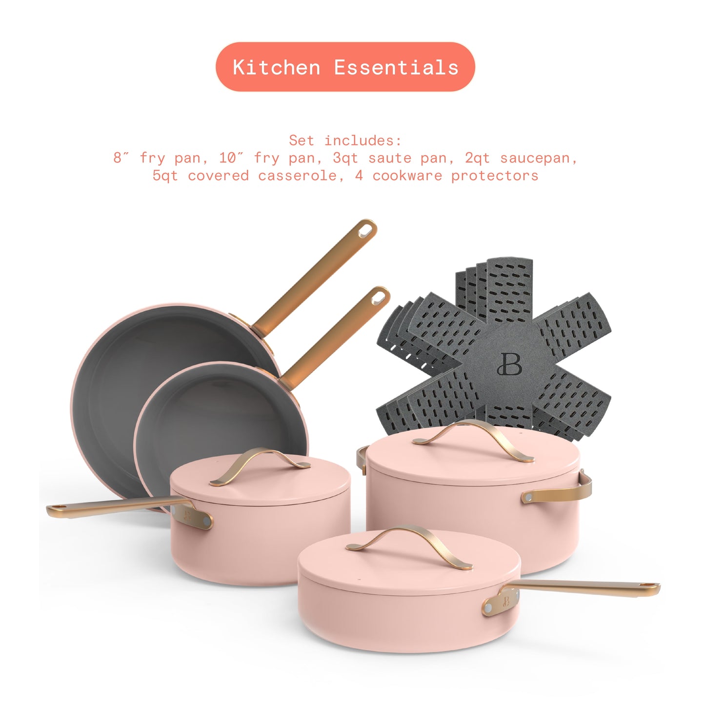 Beautiful 12pc Ceramic Non-Stick Cookware Set, Rose by Drew Barrymore