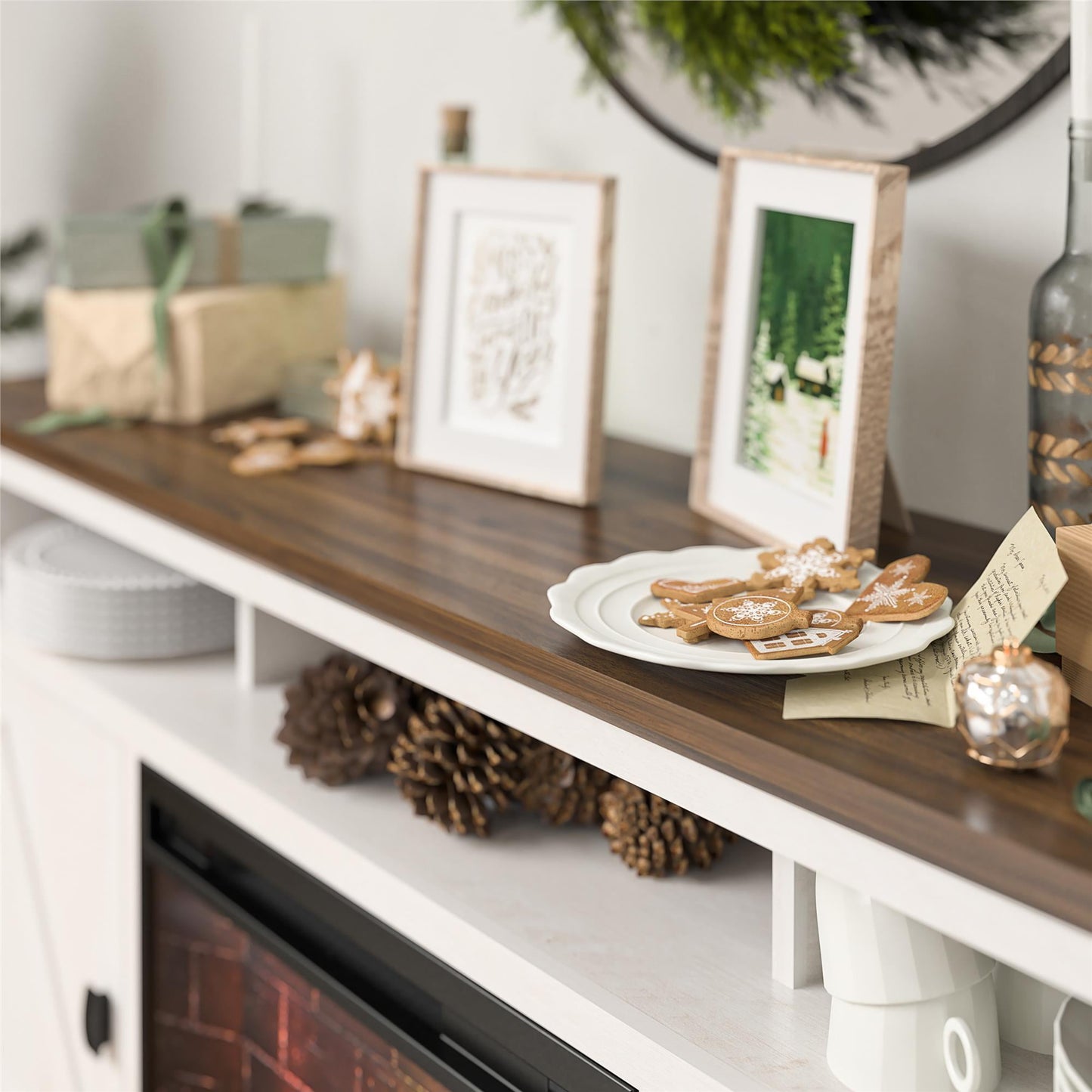 Ameriwood Home Ashton Lane Electric Fireplace TV Stand for TVs up to 65", Magnolia Oak/Columbia Walnut