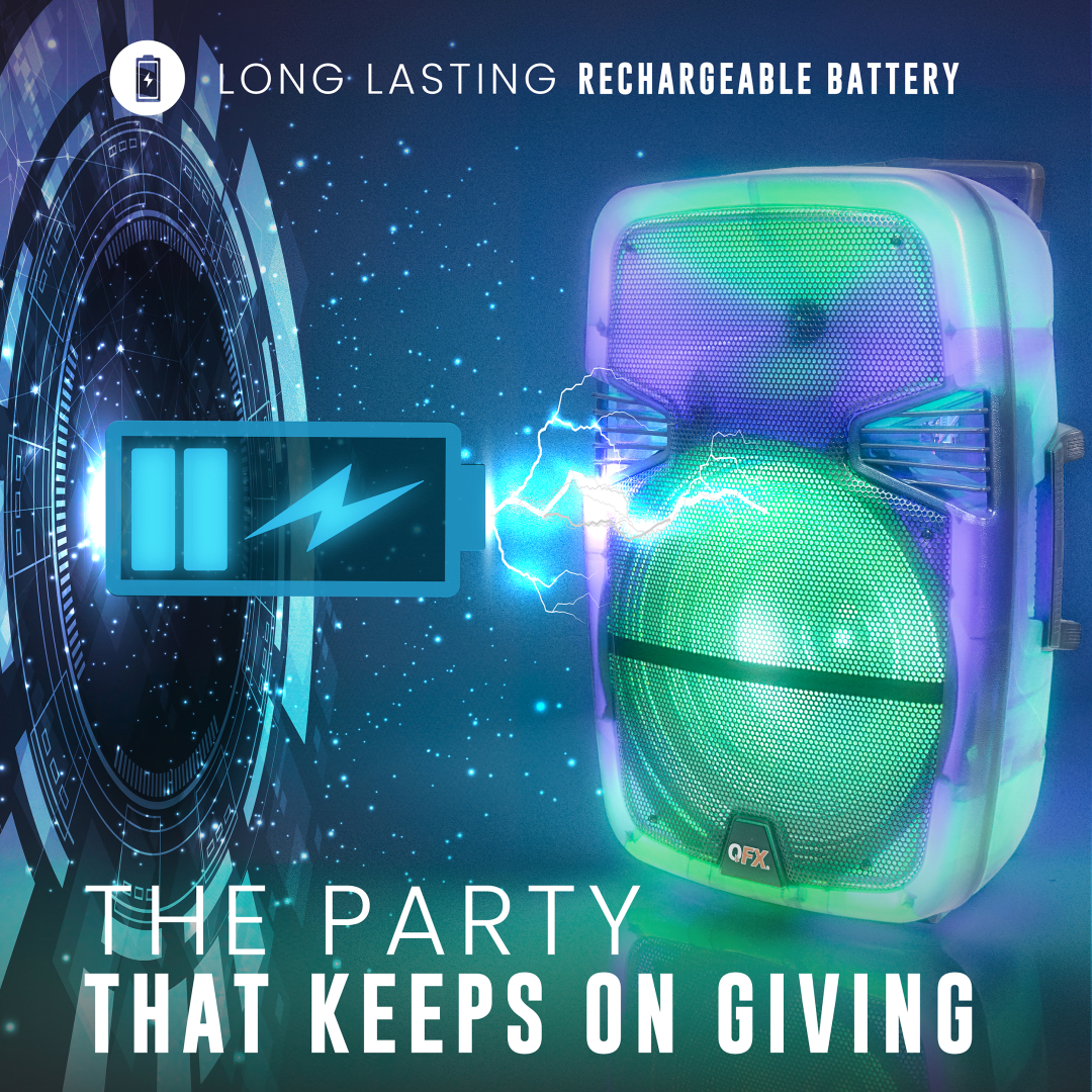 QFX Wireless Bluetooth Rechargeable Portable Speaker with Party Lights, Multicolor, TMS-1560