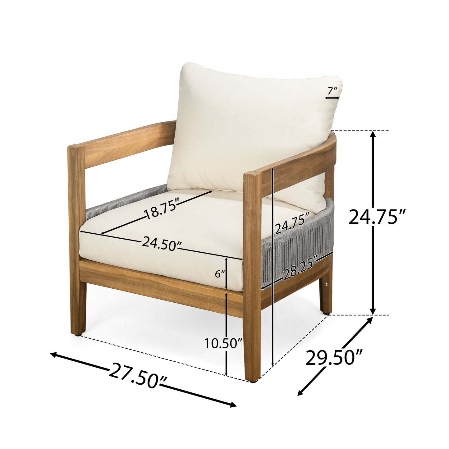 Thorneas Outdoor Patio Club Chairs, Acacia Wood, Rope Weave, Beige + Teak