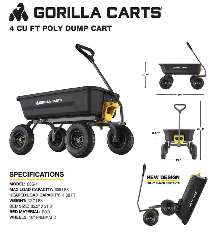 Gorilla Carts 4 Cu. ft. Poly Garden Dump Cart, 600 lbs. Capacity, 35 in. x 22 in. Bed, 10 in. Tires