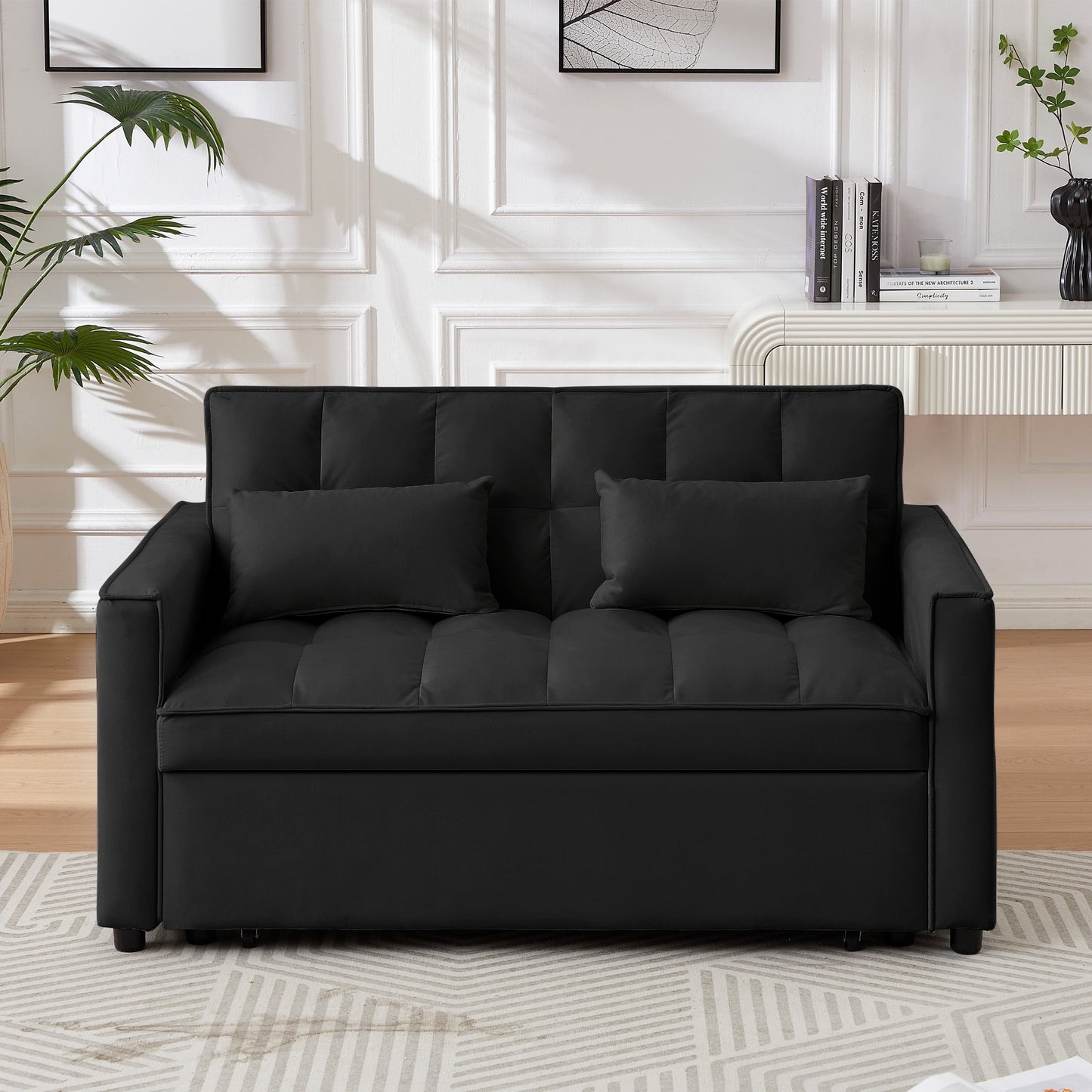 Lunale 55" Convertible Loveseat Sleeper, Tufted Pull Out Sofa Bed for Living Room, Black Velvet