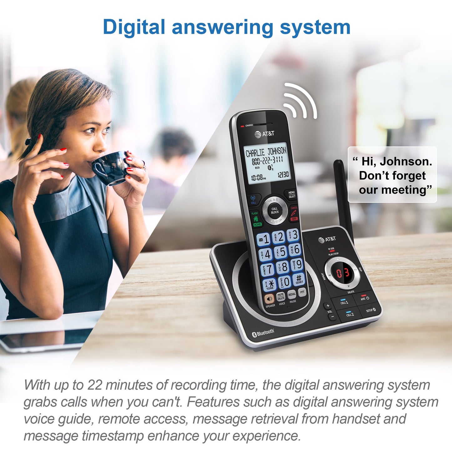 AT&T 2-Handset Expandable Cordless Phone with Unsurpassed Range, Bluetooth Connect to Cell, Smart Call Blocker and Answering System, DLP72212 (Black)