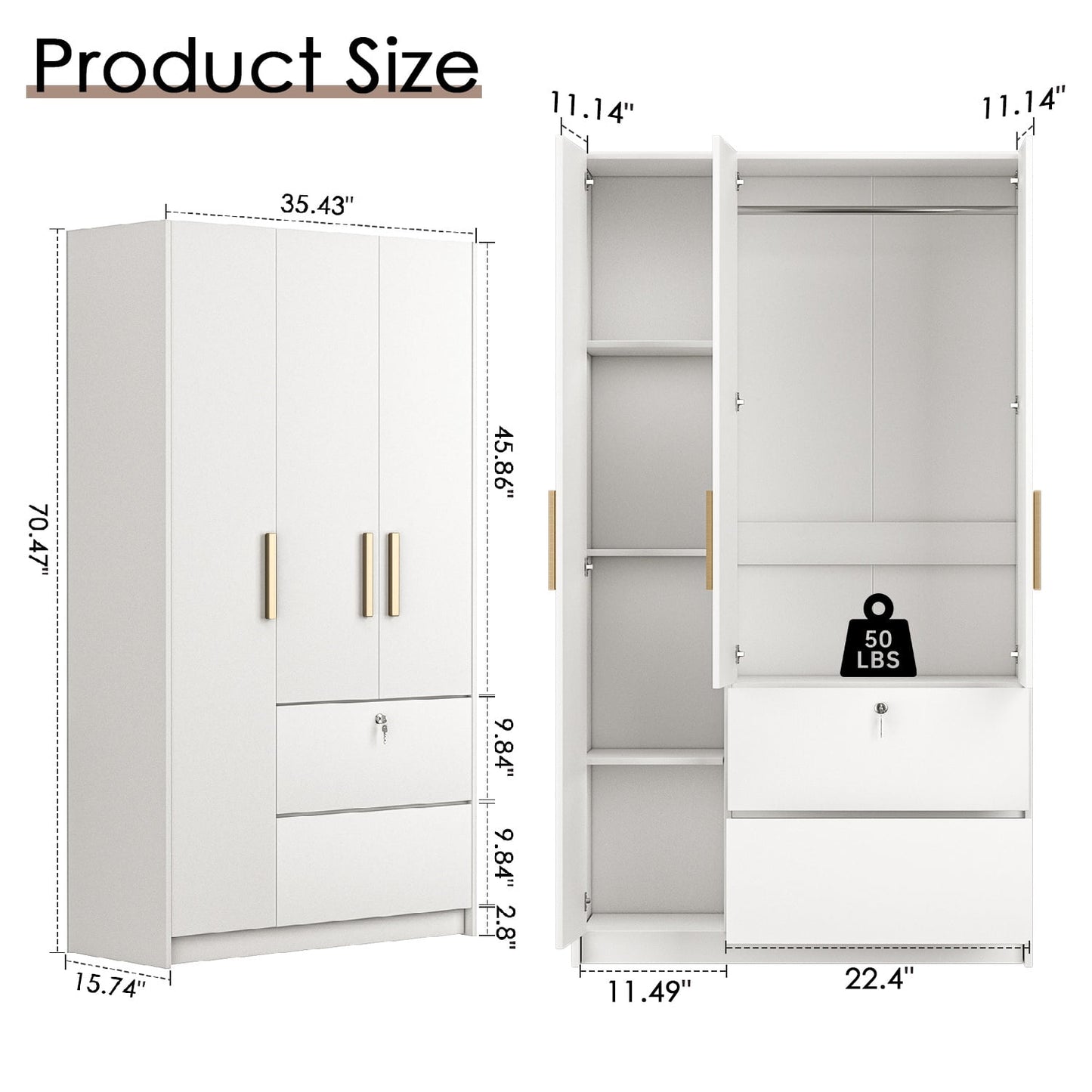 Nathaniel Home 3 Door Wardrobe with Drawers, Freestanding Bedroom Armoires, Clothes Storage Cabinet with Hanging Rod, Modern Wardrobe Closet, White