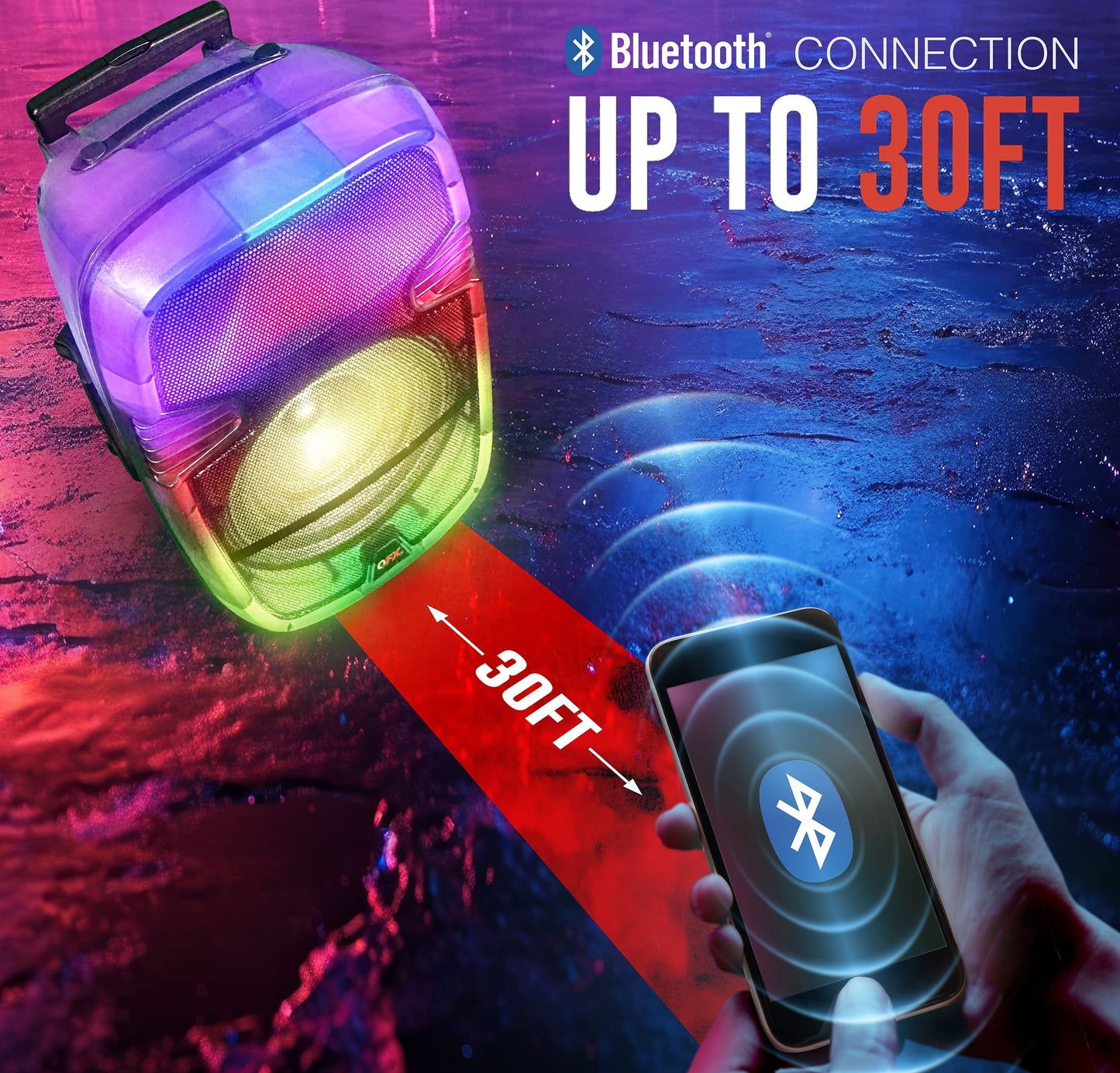 QFX Wireless Bluetooth Rechargeable Portable Speaker with Party Lights, Multicolor, TMS-1560