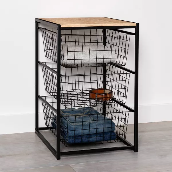 3 Drawer Organizer Black Metal with Natural Wood - Brightroom: Decorative Storage Drawers, Bedroom Dresser, Anti-Tip