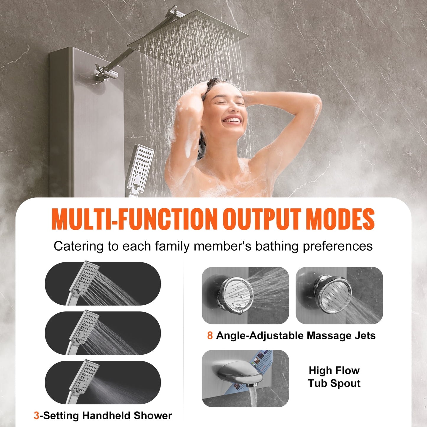 KFFKFF Shower Panel System, Quintuple Shower Functions, Numeric Indicator Shower Panel Tower, Downpour, 8 Therapeutic Jets, Bathtub Faucet, with 59" Hose, Stainless Steel Wall-Attached Bath Set
