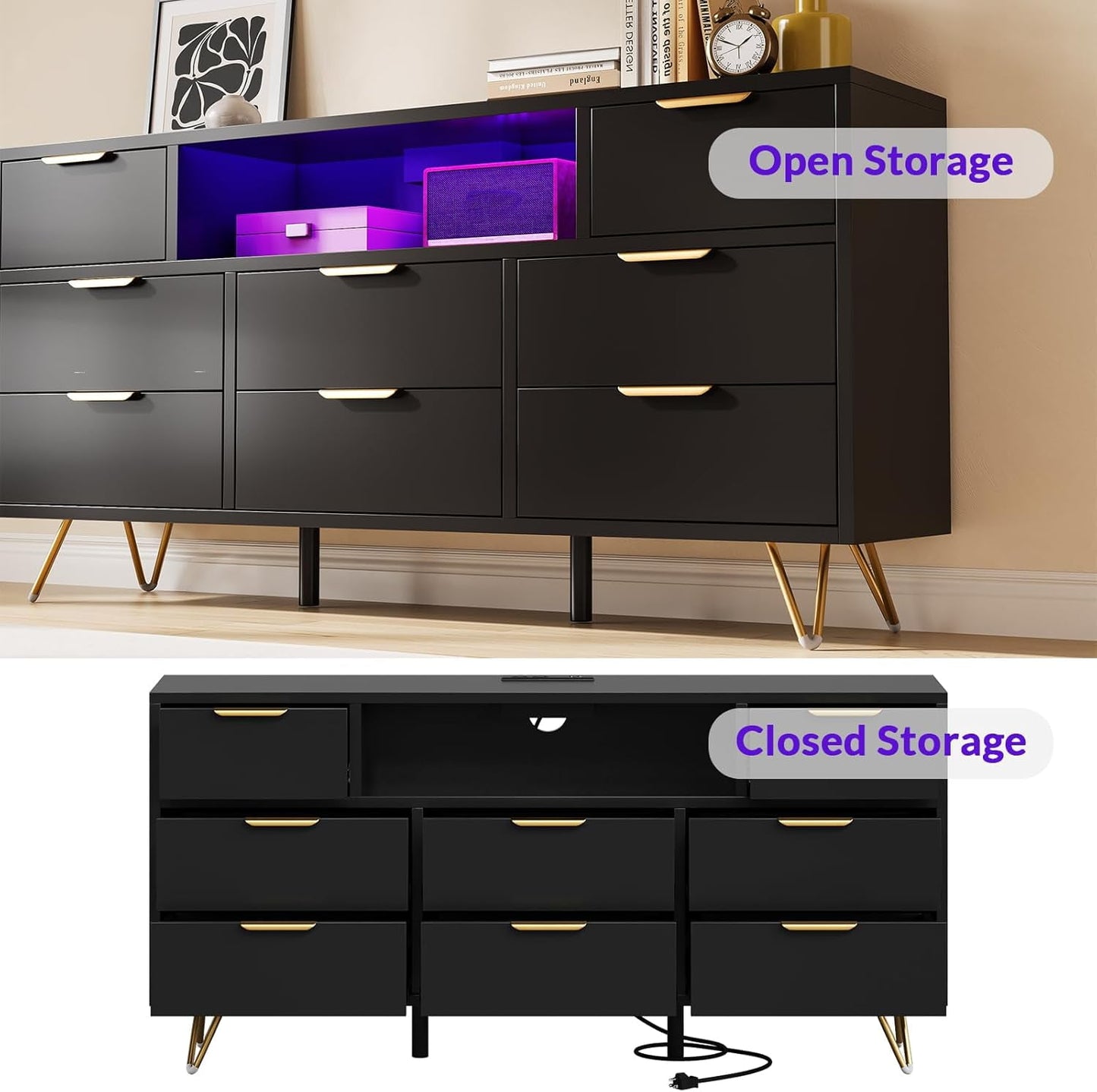 Hetoy 8-Drawer Black Dresser with LED Lighting & Integrated Charging Station – Modern Storage TV Stand for Bedroom, Living Room, Closet & Hallway Organization