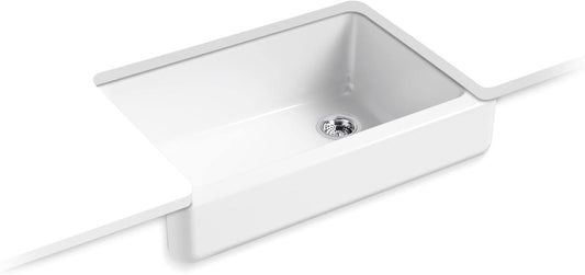 KOHLER 5826-0 Whitehaven Farmhouse Self-Trimming Undermount Single-Bowl Sink with Short Apron, 33 Inch, White