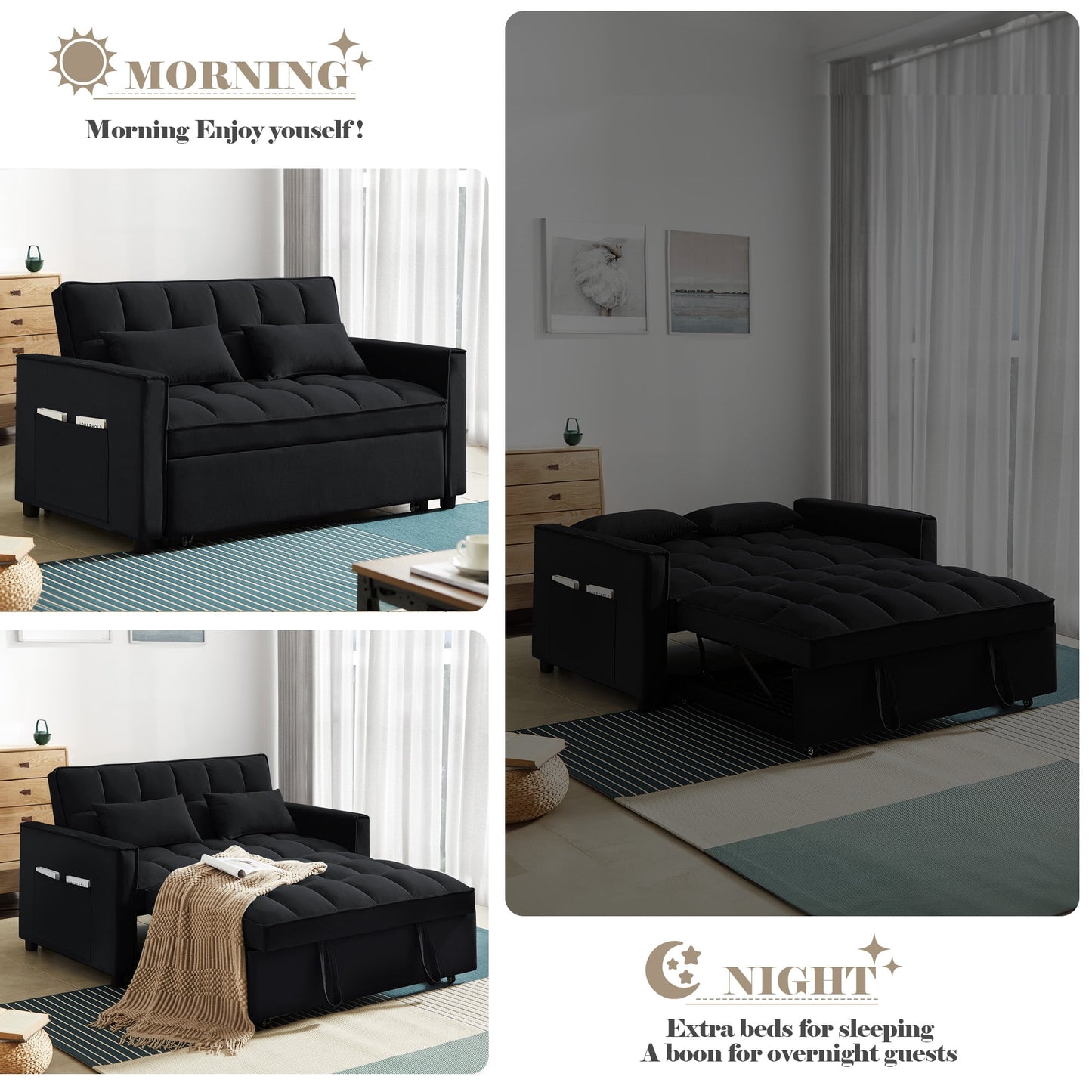 Lunale 55" Convertible Loveseat Sleeper, Tufted Pull Out Sofa Bed for Living Room, Black Velvet