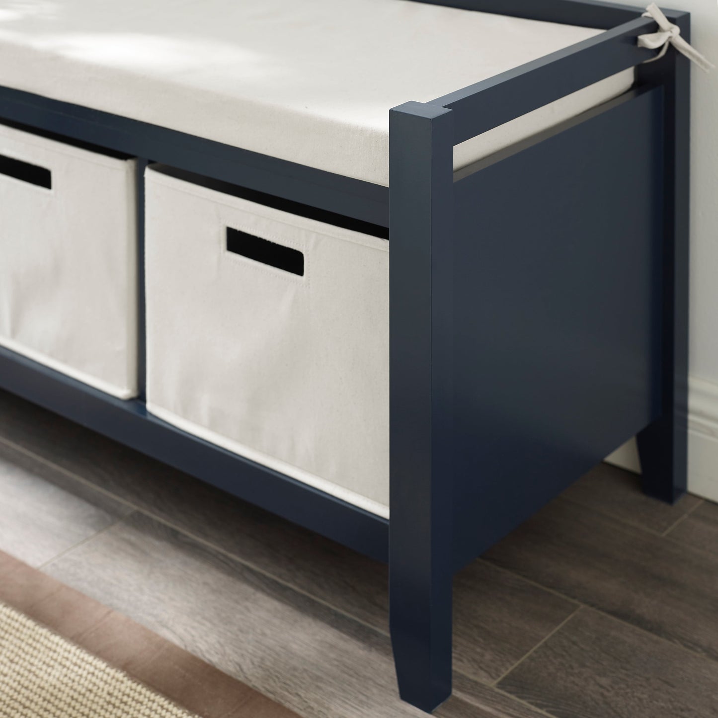Linon Liesal Storage Bench with 3 Storage Bins, Navy Blue Finish with Cream Bins and Cushion