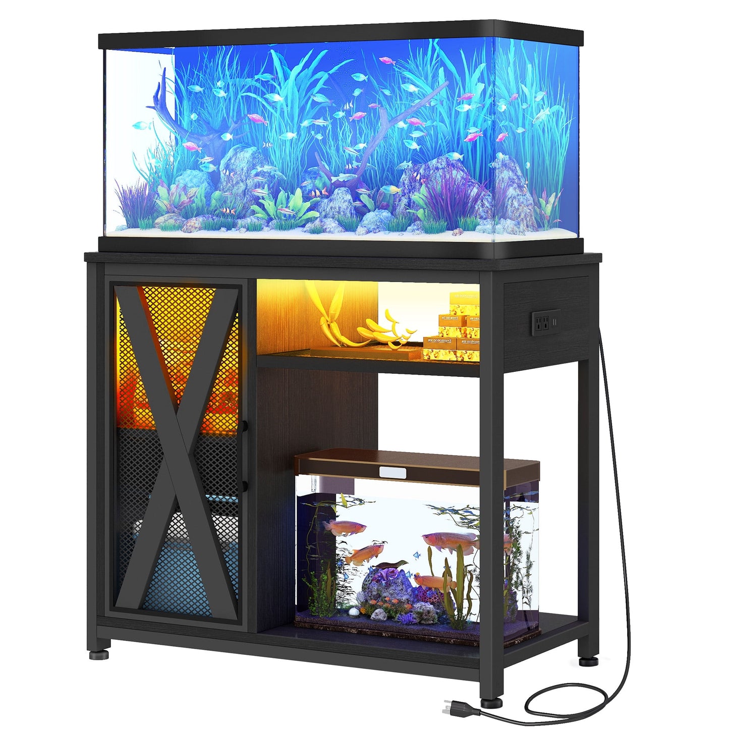 Uforic 40-50 Gallon Aquarium Stand with LED Light, Power Outlets & 3-Tier Storage, Black Metal