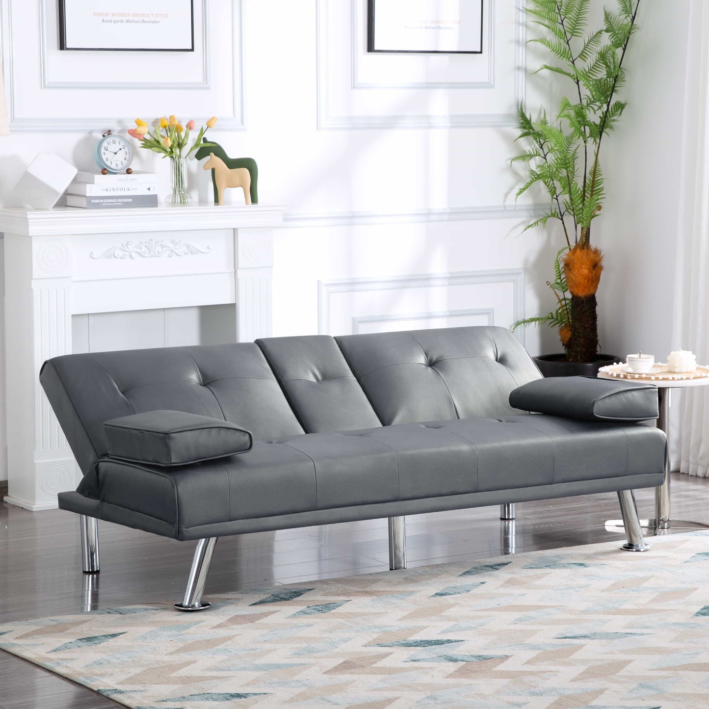 BSHTI 66.1” Convertible Futon Sleeper Sofa,3 Angles for Adjusting Backrest,PU Upholstery Twin Size Sofa Bed,with 2 Cup Holders(Dark Gray)