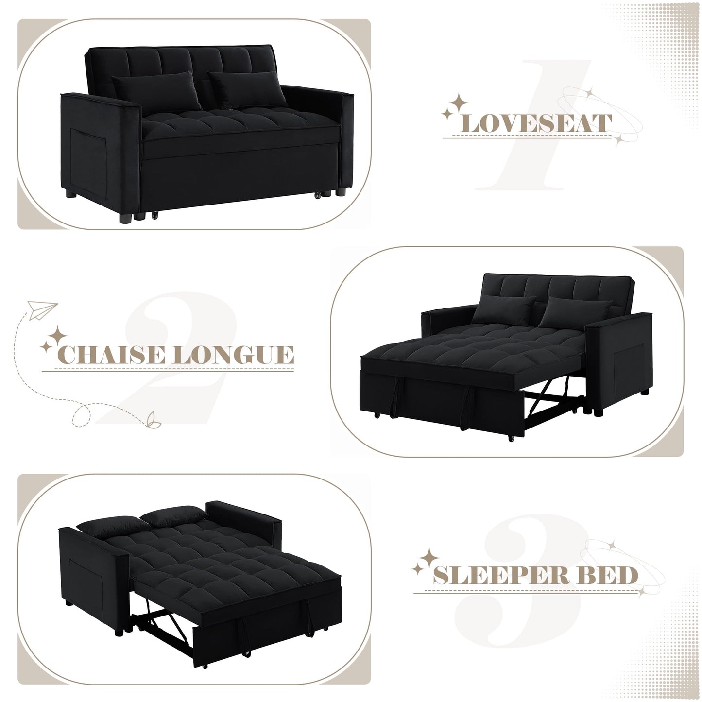 Lunale 55" Convertible Loveseat Sleeper, Tufted Pull Out Sofa Bed for Living Room, Black Velvet