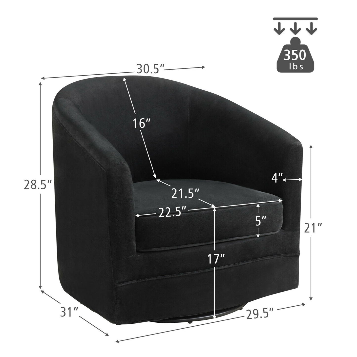 Gymax Velvet Swivel Barrel Accent Chairs with Metal Base, Black (Set of 2)