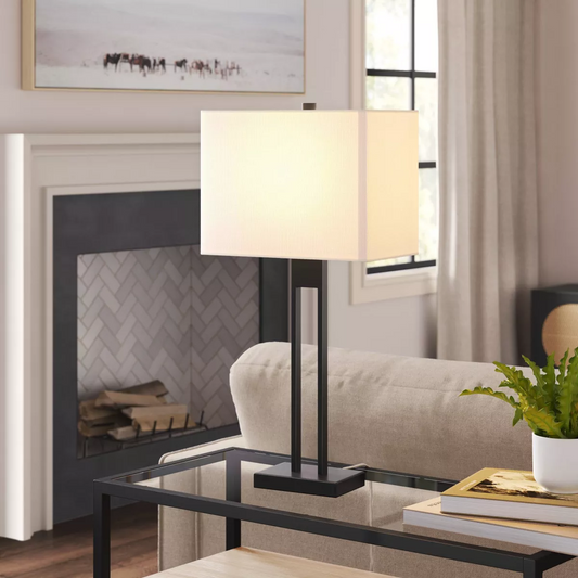 Window Pane Table Lamp with USB Black - Threshold: ETL Listed, Linen Shade, Metal Body, No Assembly Required