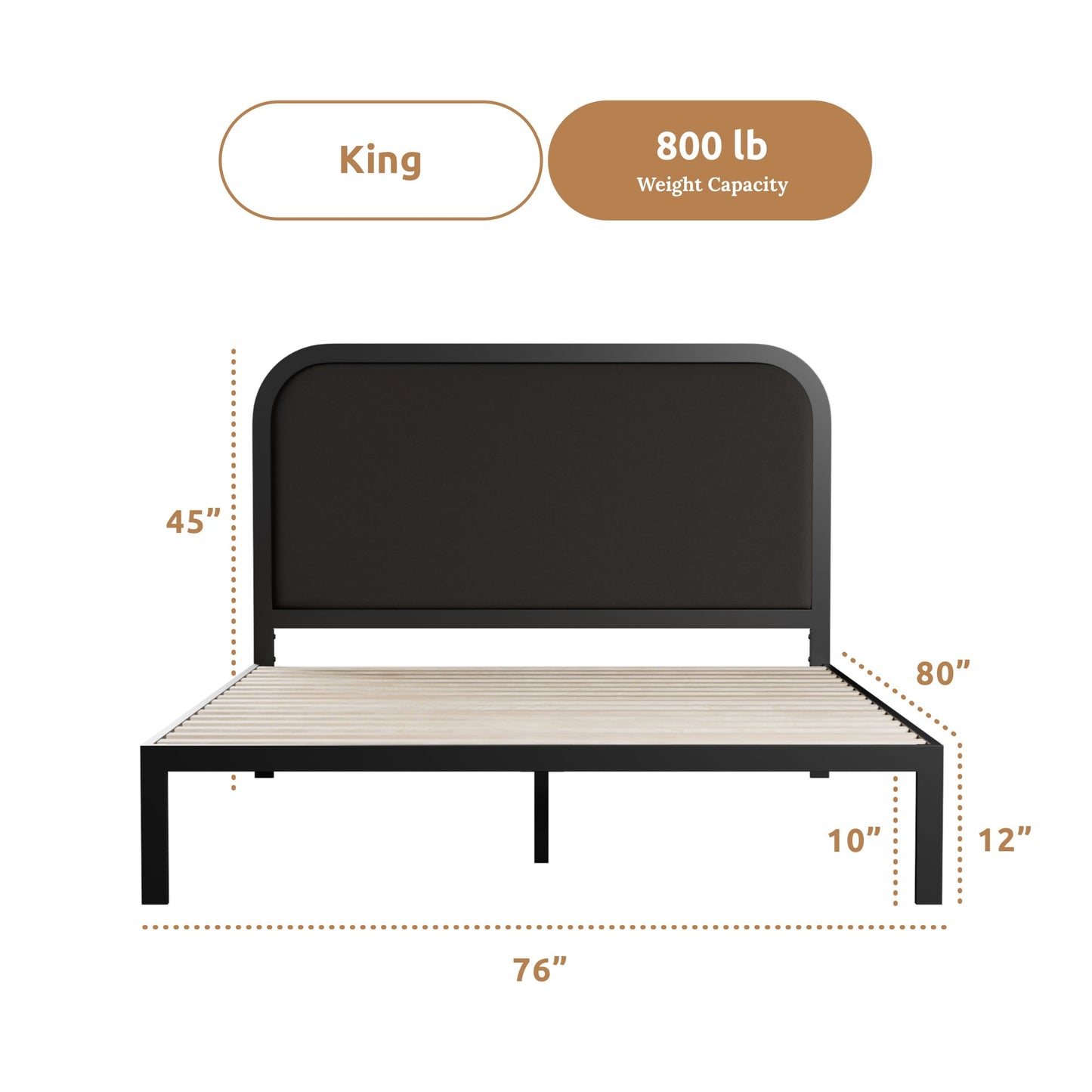 Rest Haven Salem Metal Platform Bed with Rounded Upholstered Headboard, Full, Gray