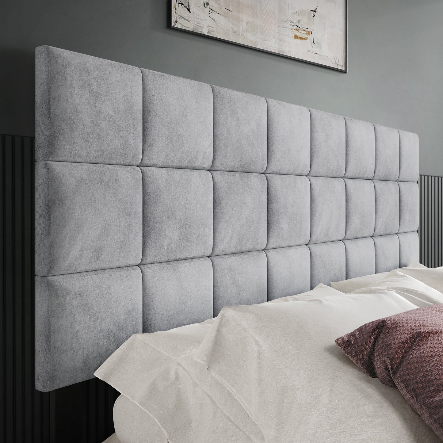Castle Place Classic Sqaure Tufted Velvet Upholstered King Headboard, Silver Grey