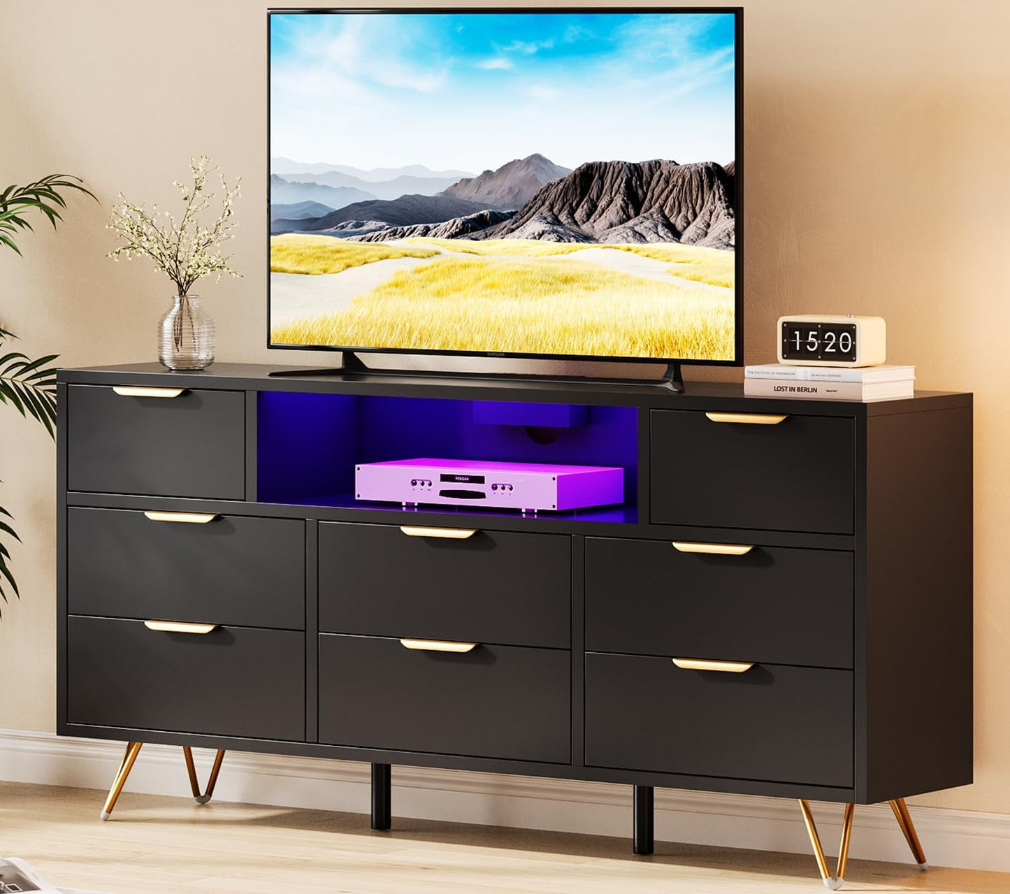 Hetoy 8-Drawer Black Dresser with LED Lighting & Integrated Charging Station – Modern Storage TV Stand for Bedroom, Living Room, Closet & Hallway Organization