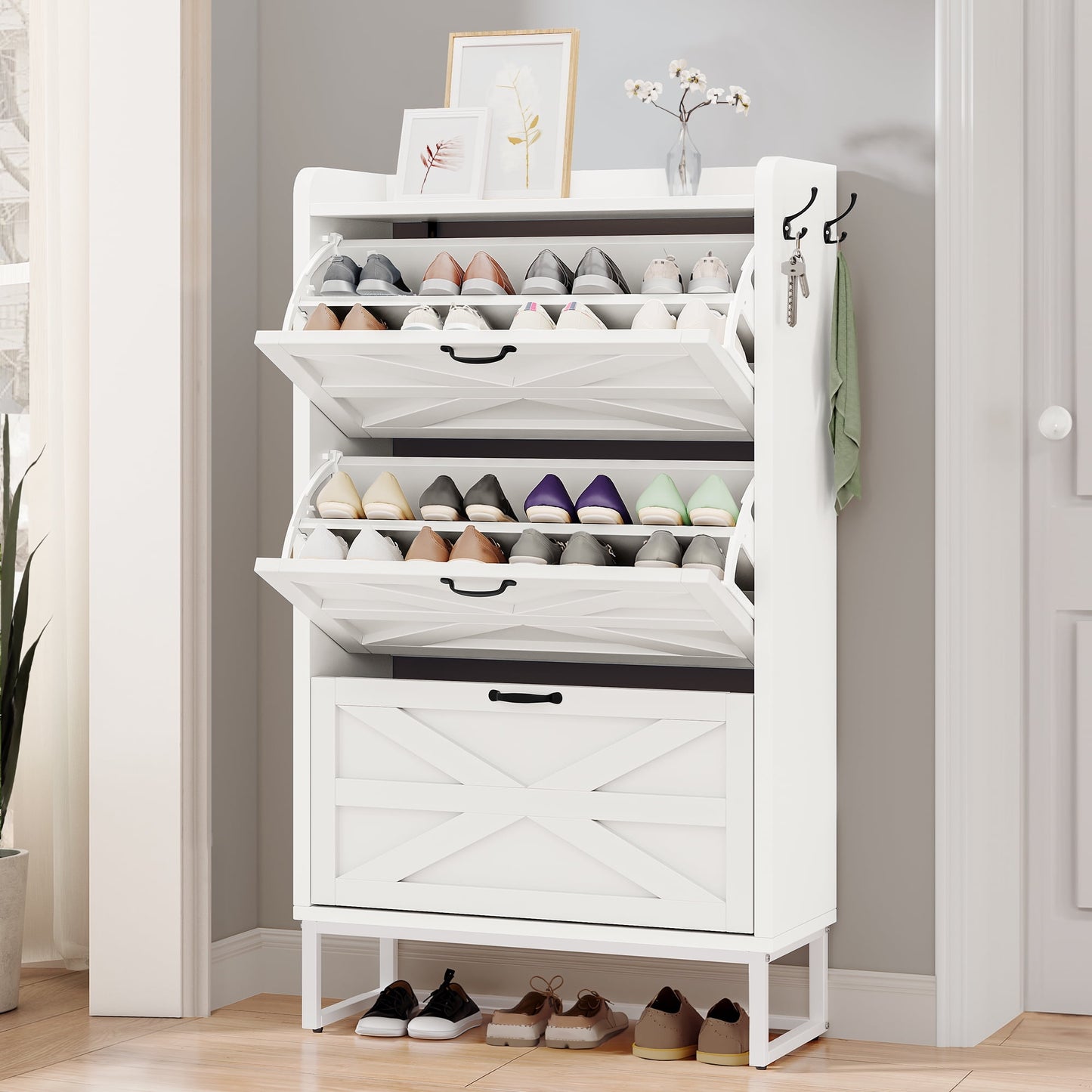 Uforic Slim Shoe Cabinet with 3 Flip Drawers, Space-Saving Shoe Storage for 24 Pairs, White