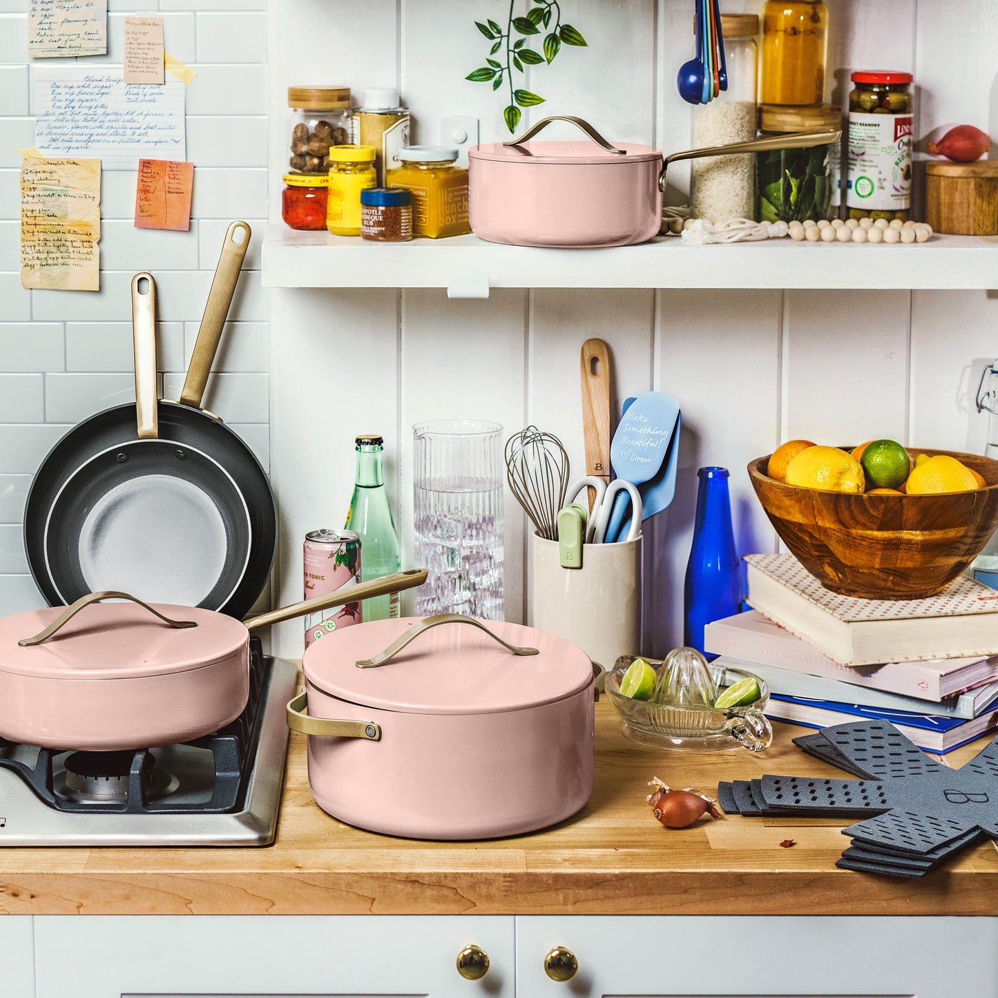 Beautiful 12pc Ceramic Non-Stick Cookware Set, Rose by Drew Barrymore