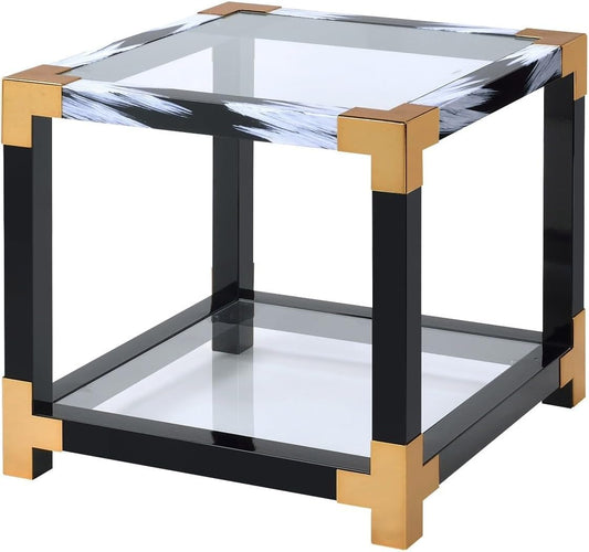 ACME Furniture Lafty End Table, White Brushed & Clear Glass