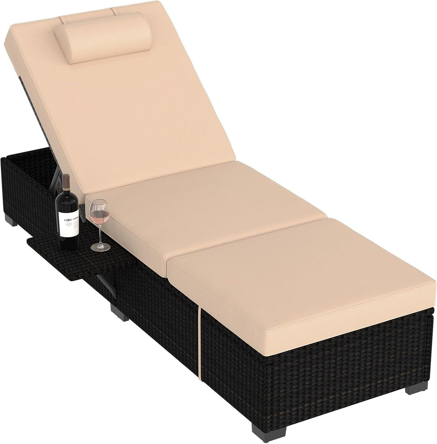 Patio Lounge Chairs,Outdoor PE Wicker Chaise Lounge Set of 2,Chaise Lounge Chair Outdoor，Pool Furniture,Brown Rattan Recliners with Adjustable Backrest,Storage Table,Beige