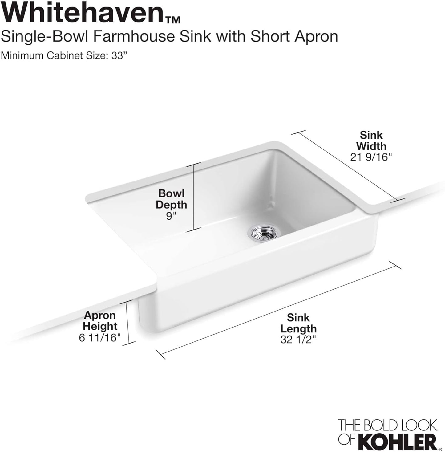 KOHLER 5826-0 Whitehaven Farmhouse Self-Trimming Undermount Single-Bowl Sink with Short Apron, 33 Inch, White