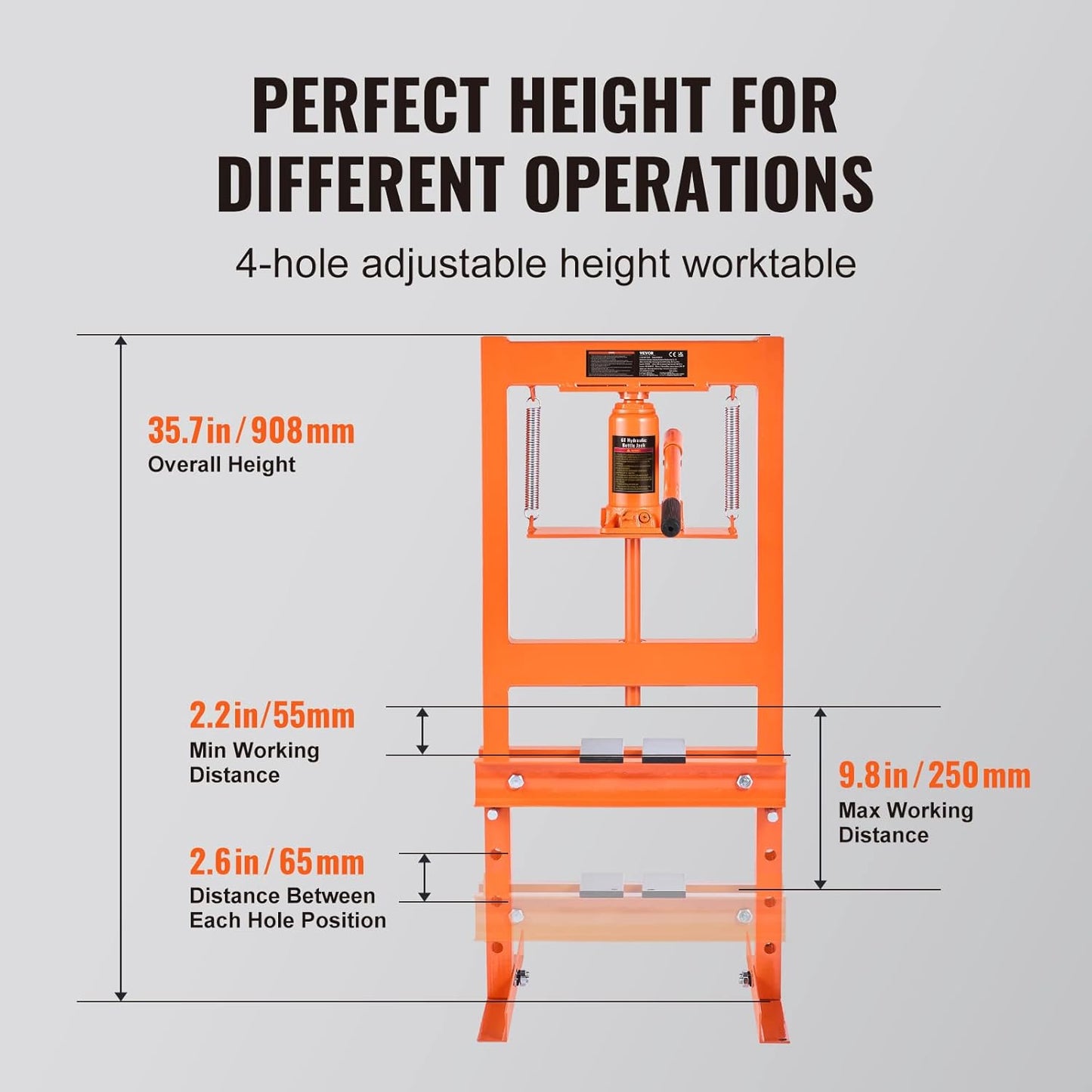 VEVOR Hydraulic Shop Press, 6 Ton/13000lbs, H-Frame, 4-Hold Adjustable Height, with Movable Plates, for Garage or Professional Users, Orange