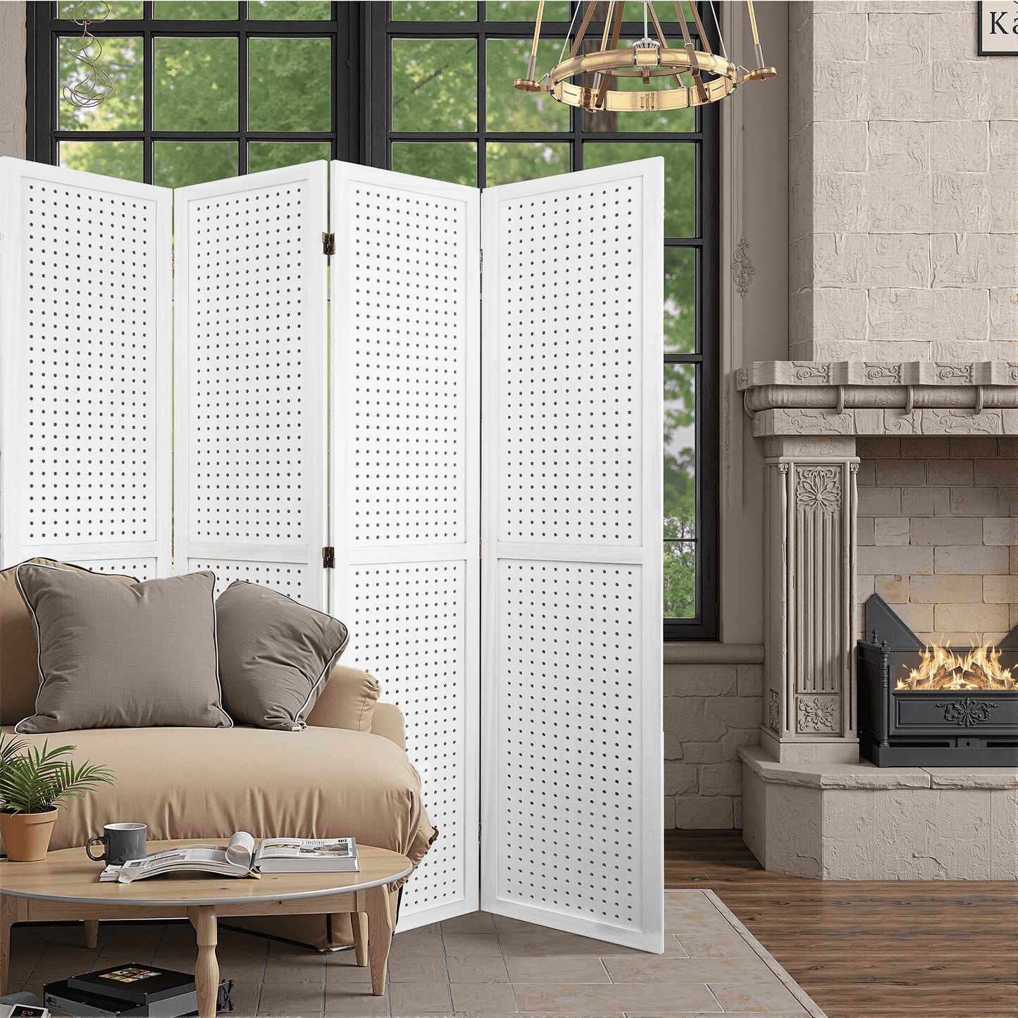 Dovelina 4 Panel Freestanding Room Divider, 5.6Ft Wooden Privacy Screen with Shelves, White