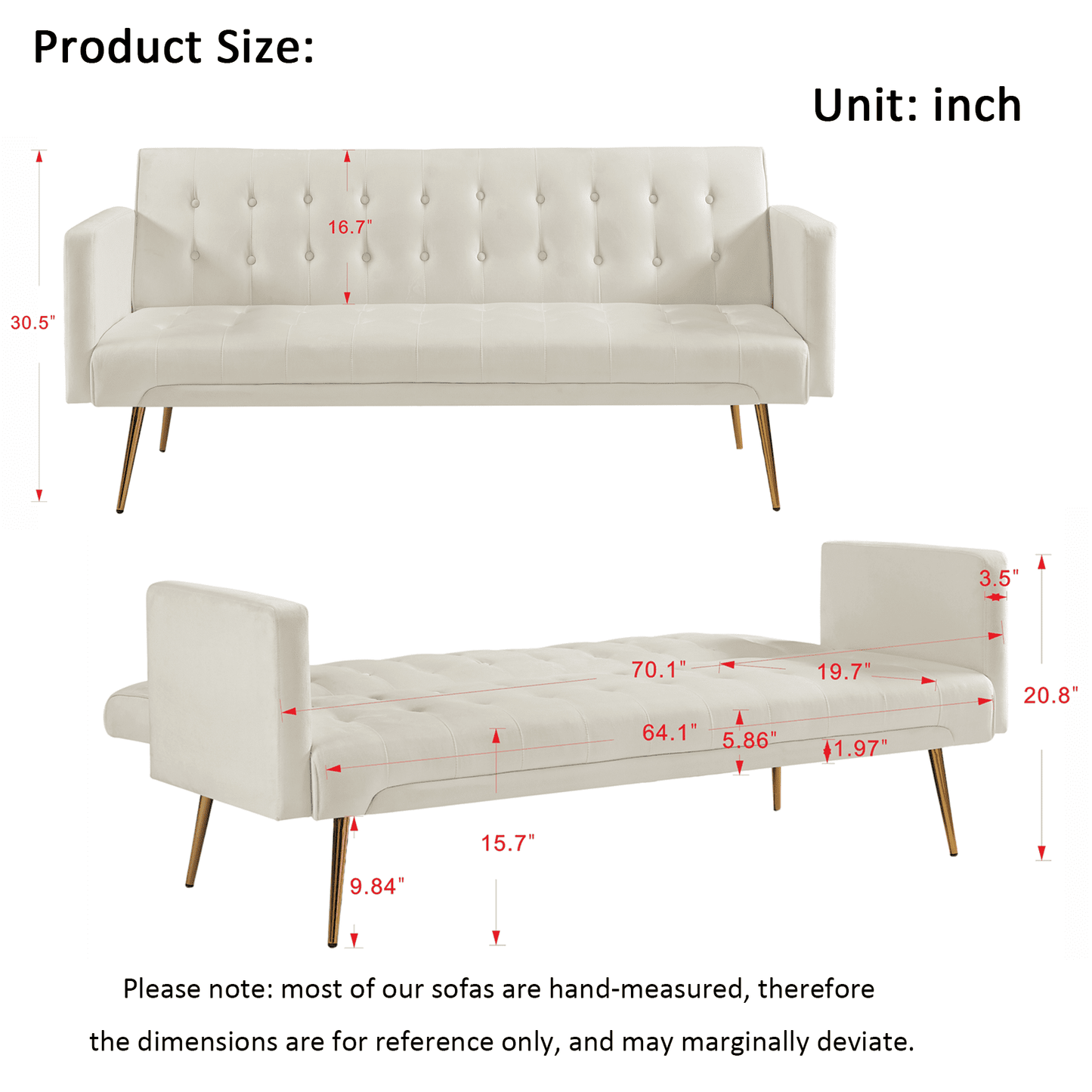 Bianlte Modern Velvet Futon Sofa Bed,Convertible Sleeper Sofa Couch with 3 Adjustable Couch Loveseat with Metal Leg for Living Room and Bedroom,Beige
