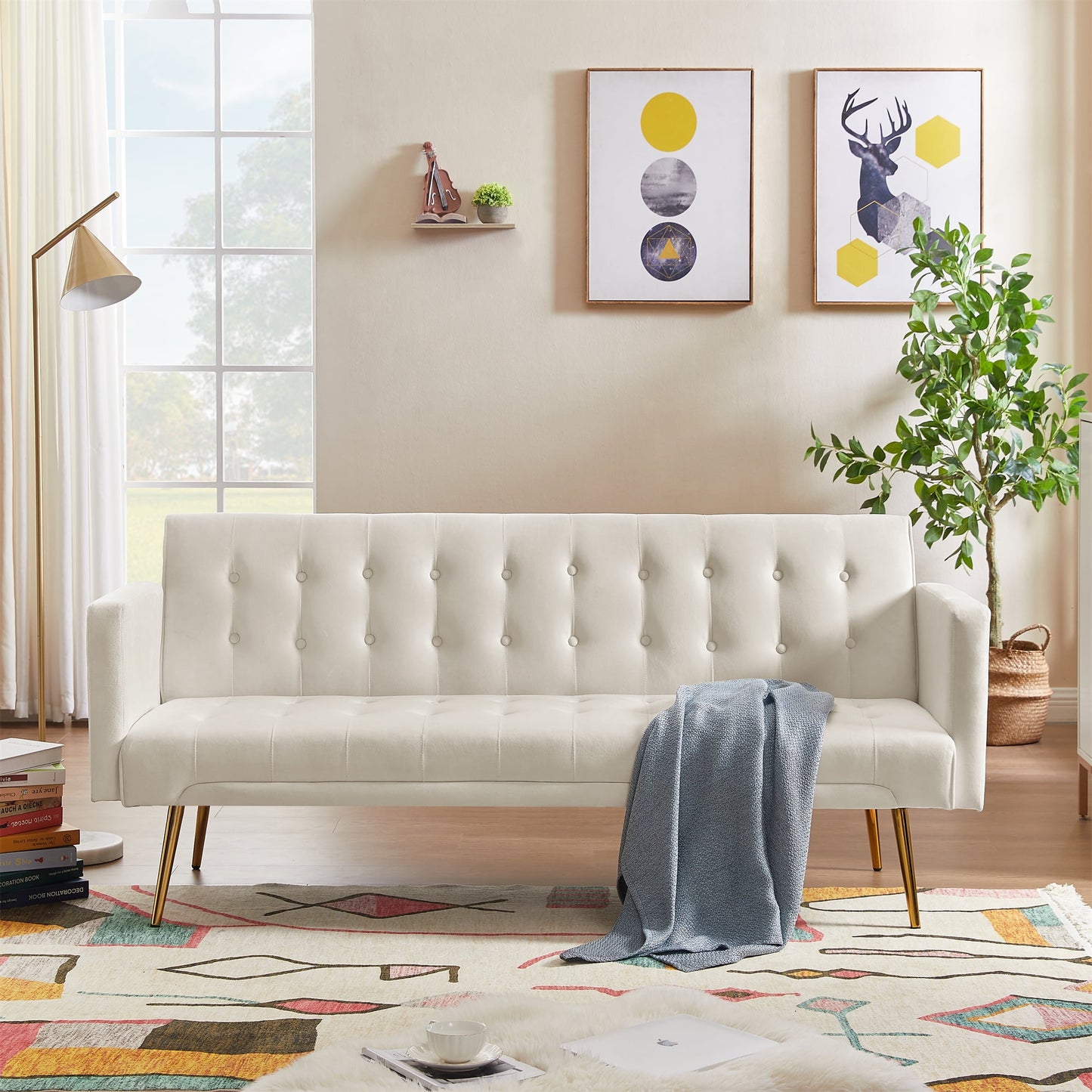 Bianlte Modern Velvet Futon Sofa Bed,Convertible Sleeper Sofa Couch with 3 Adjustable Couch Loveseat with Metal Leg for Living Room and Bedroom,Beige