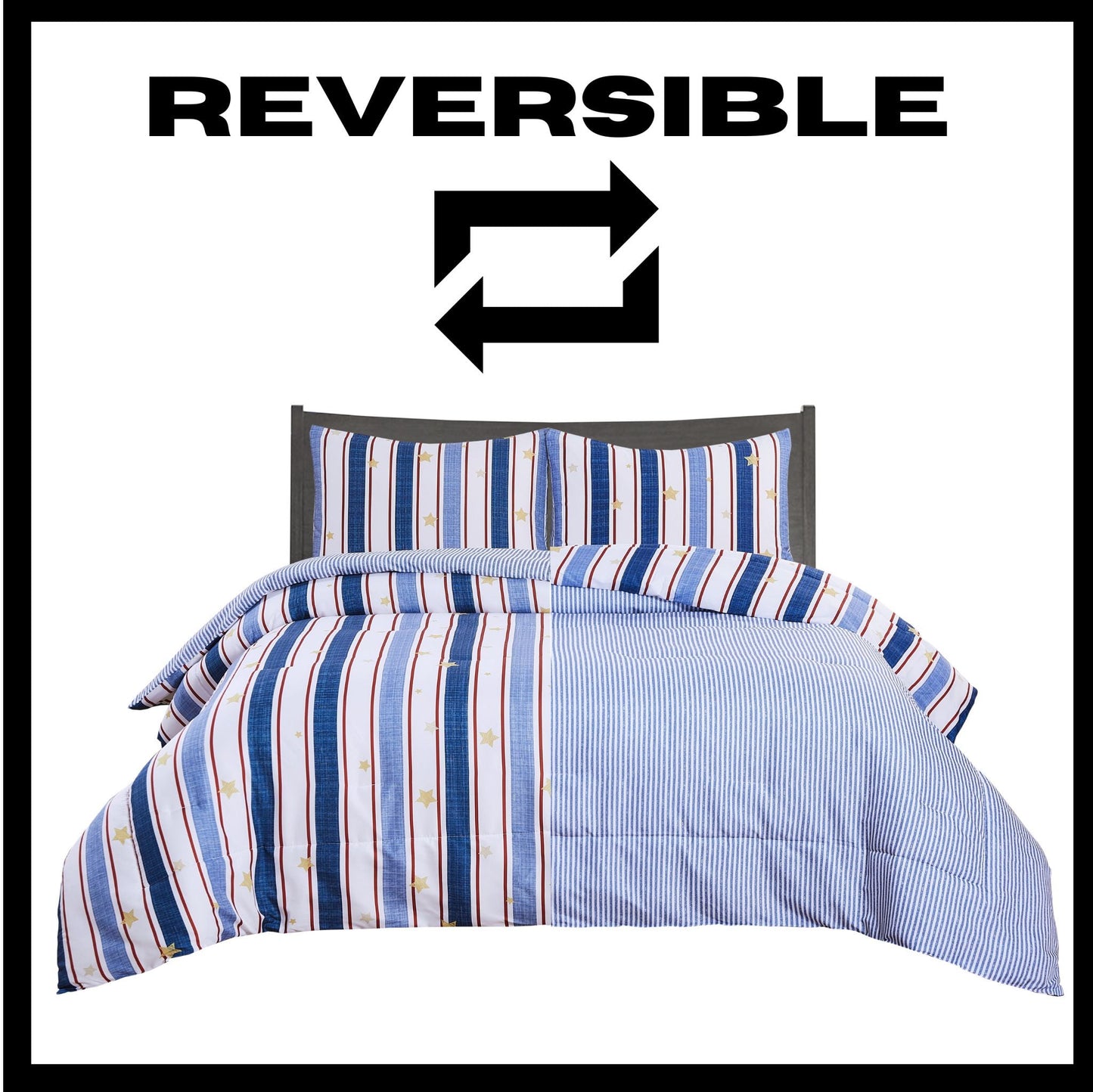 Chaps Boys Comforter Set 2-Piece Reversible Microfiber Kids Comforter Sham Striped Bedding - Red/Blue - Size Twin