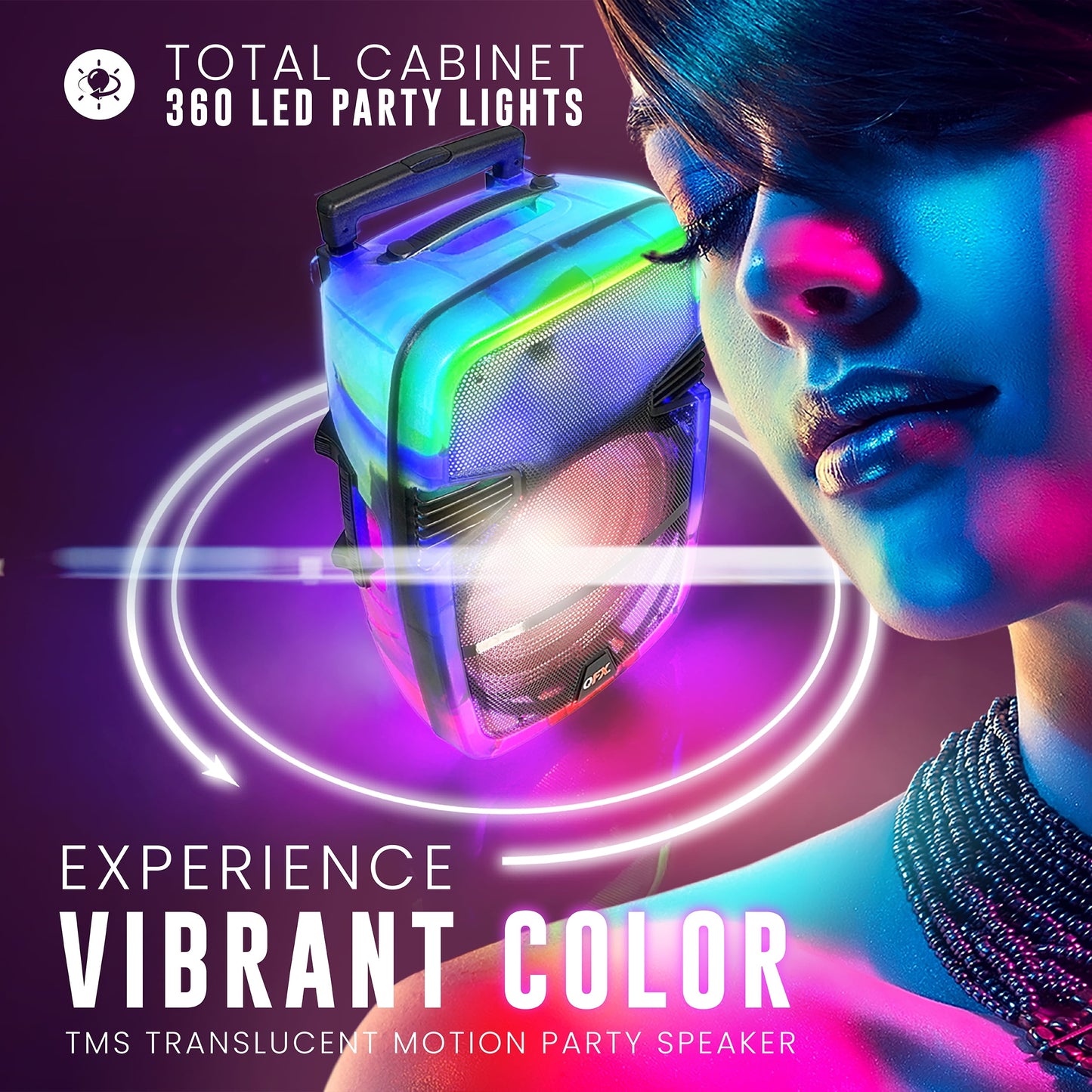 QFX Wireless Bluetooth Rechargeable Portable Speaker with Party Lights, Multicolor, TMS-1560