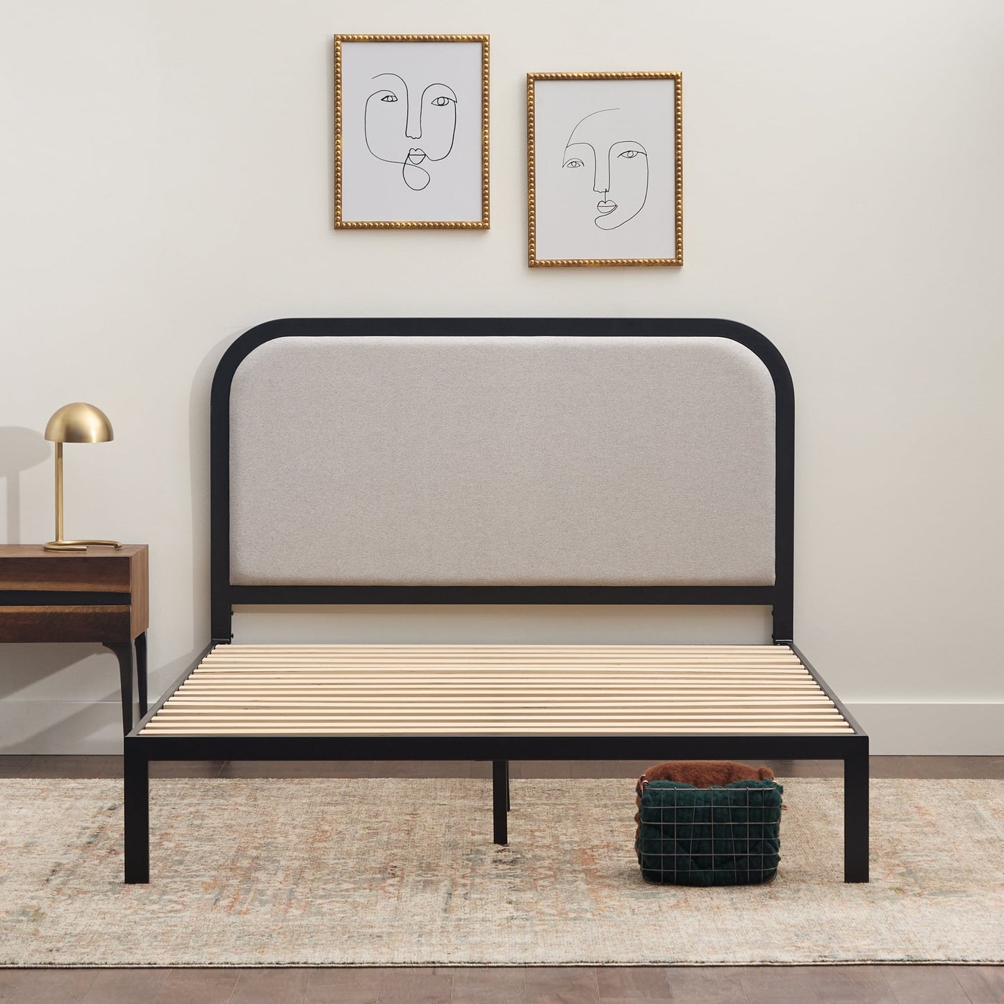 Rest Haven Salem Metal Platform Bed with Rounded Upholstered Headboard, Full, Gray